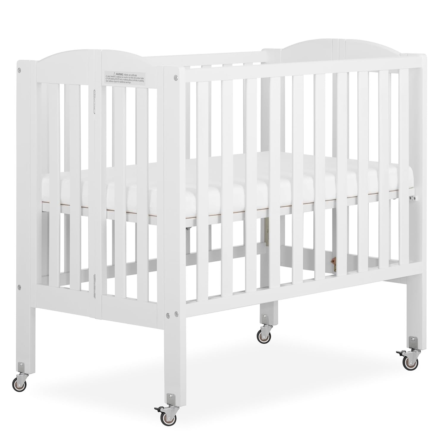 Dream On Me 2-in-1 Folding Portable Compact Mini Baby Crib in White, GreenGuard Gold & BSA, US Patented Flat Folding System, Locking Wheels,1″ Mattress Pad, Space-Saving Quck Fold Easy Storage
