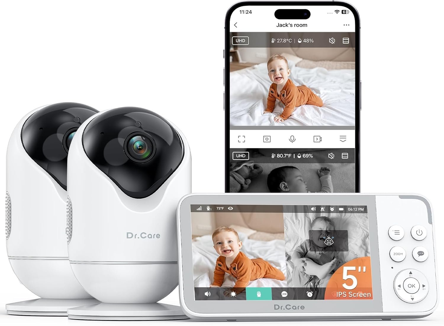 Dr.Care VistaView 5” Smart WiFi Baby Monitor with 2 Camaras – 2K Camera App Control & 1080P Split Screen, Cry & Motion Detection, Pan-Tilt-Zoom, HD Night Vision, Video Recording, Triple Security