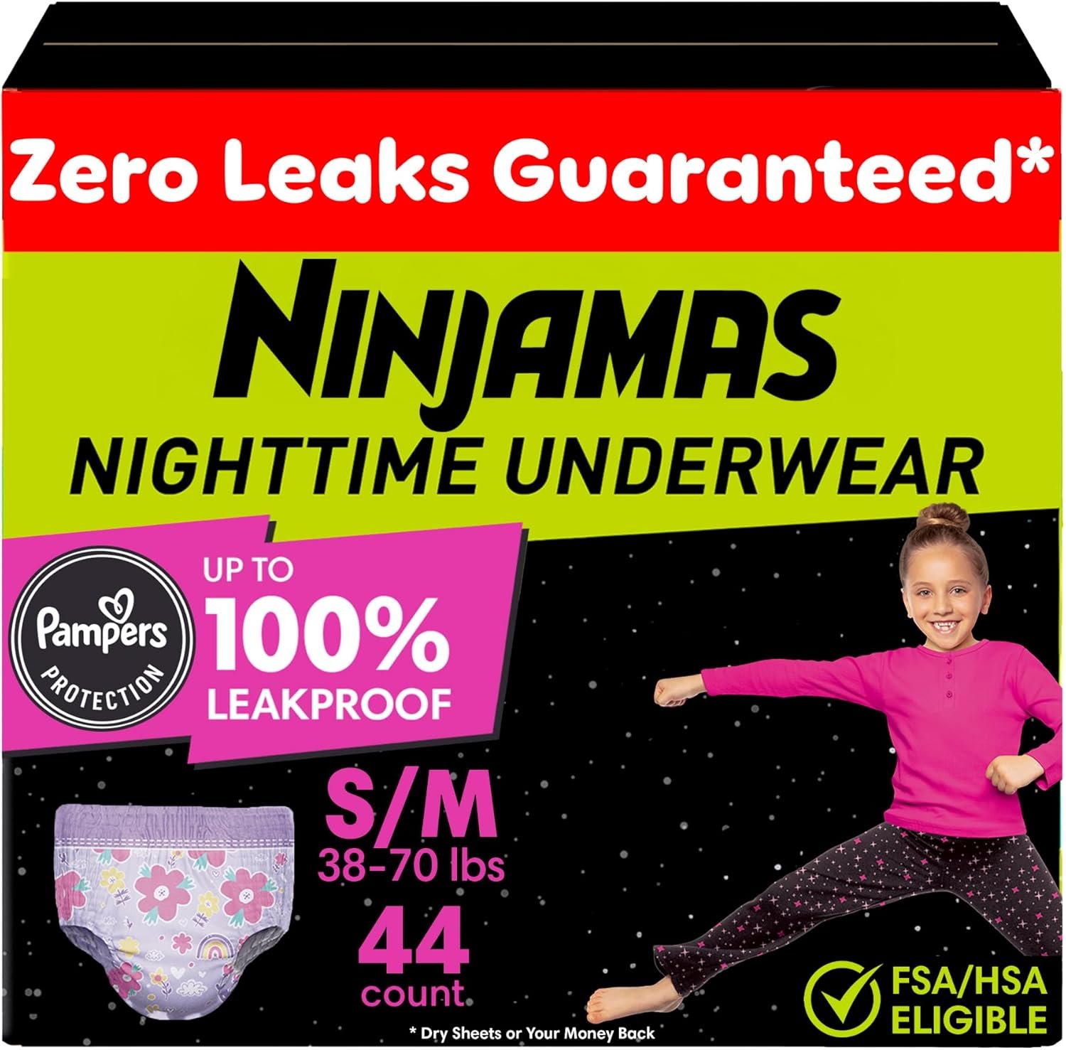Ninjamas Girls Bedwetting Nighttime Underwear, Size S/M (38-70 lbs), 44 Count, Overnight Protection, Ultra Absorbent, Hypoallergenic