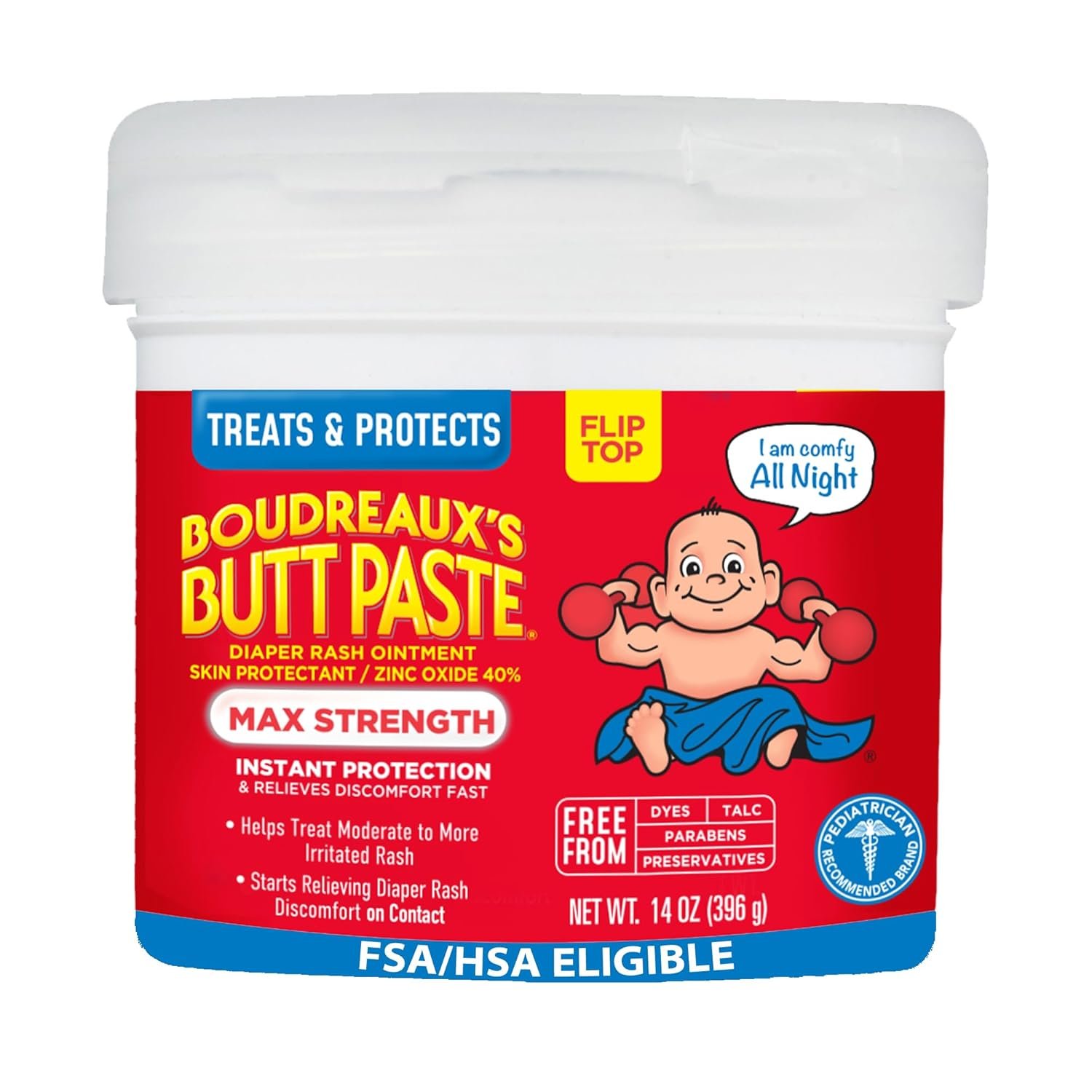 Boudreaux’s Butt Paste Max Strength Diaper Rash Cream for Baby, Ointment With Zinc Oxide, 14 oz Flip-Top Jar