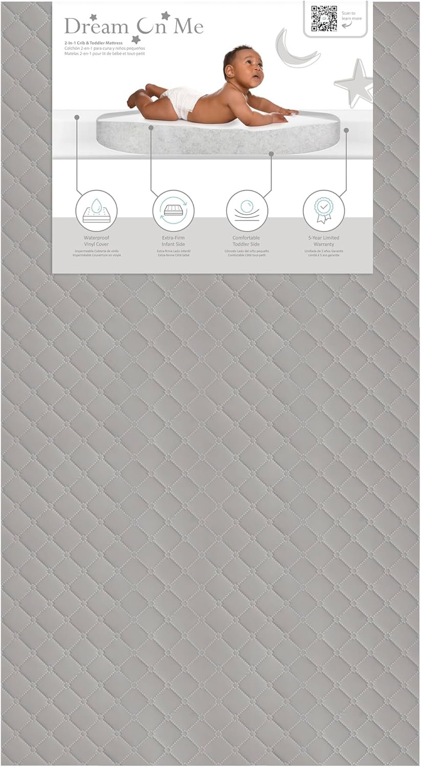 Dream On Me Asheville 4” Firm Fiber Crib & Toddler Bed Mattress, Dual-Sided, Waterproof, Greenguard Gold Certified, Lightweight, Reversible Design, Grey Embossed Vinyl Cover