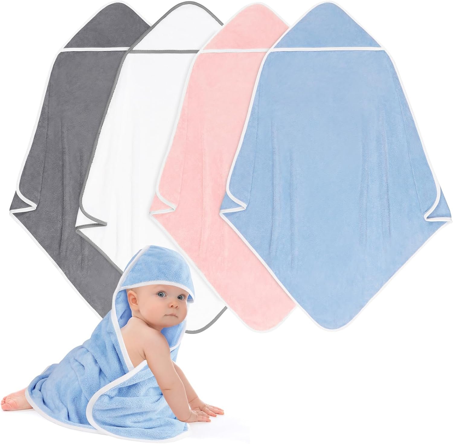 Hooded Towel for Newborn, 4 Pack Soft Coral Fleece Baby Towels, Ultra Absorbent Bath Cloths Bulk for Infants, Toddlers, Newborn Essential- 30 x 30 inch – Multicolor