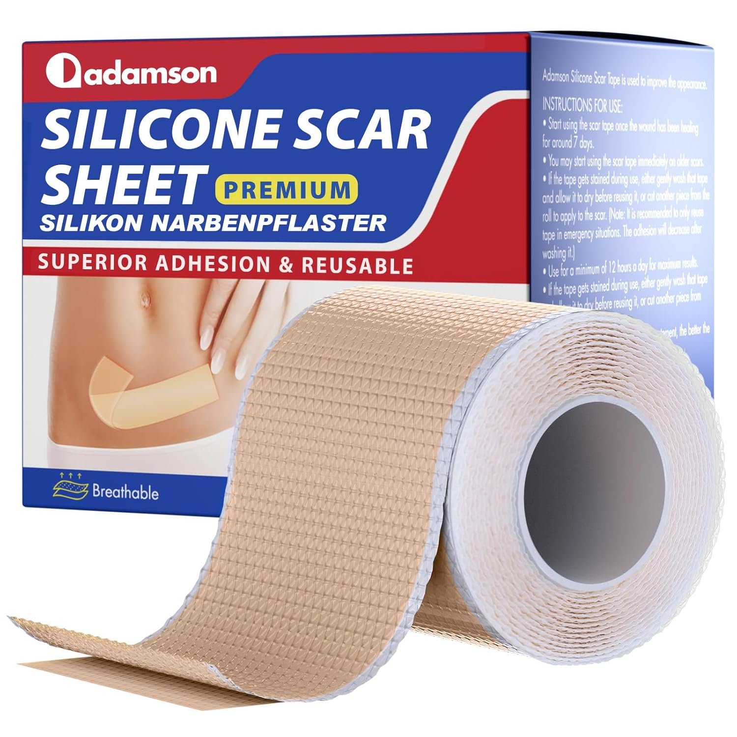 Adamson Silicone Scar Tape for Surgical Scars, Keloid, C-Section, Burns & More, Premium Silicone Scar Sheets, Reusable & Professional (1.6″x 60″ Roll-1.5M)