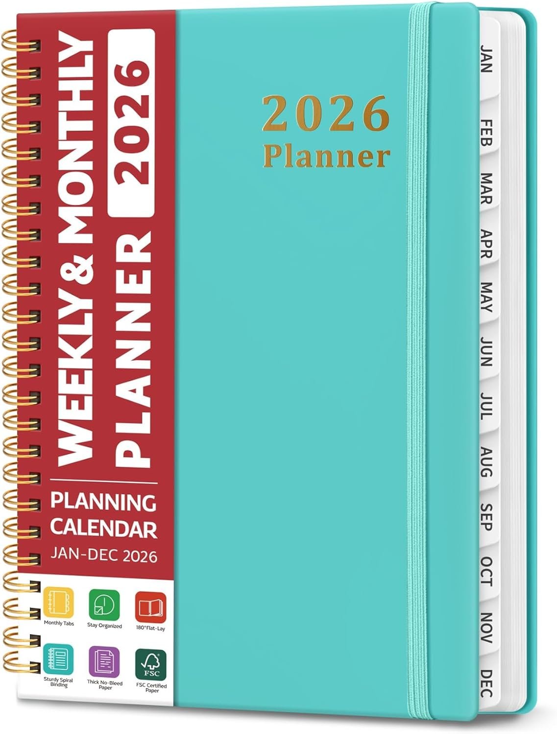 2026 Planner, Weekly and Monthly Calendar Planner, January 2026 – December 2026, Hardcover 2026 Calendar Book with Tabs For Women & Men, Inner Pocket, Spiral Bound, Perfect for Office Home School Supplies – A5 (6.3″ x 8.5″), Aquamarine