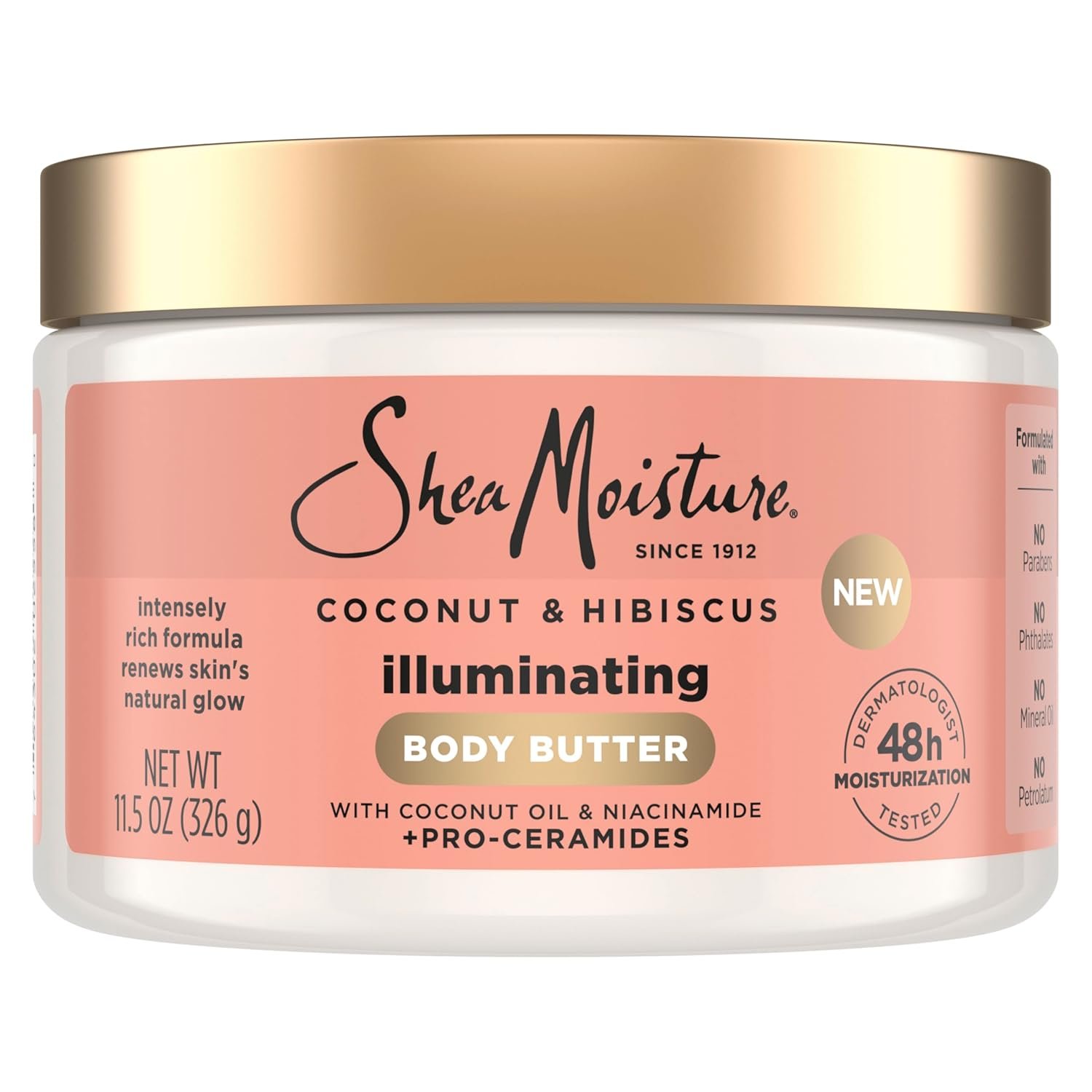 SheaMoisture Illuminating Body Butter with Coconut & Hibiscus, Niacinamide and Pro-Ceramides, Renewing Skin’s Natural Glow, 48H Moisturizing 11.5 oz