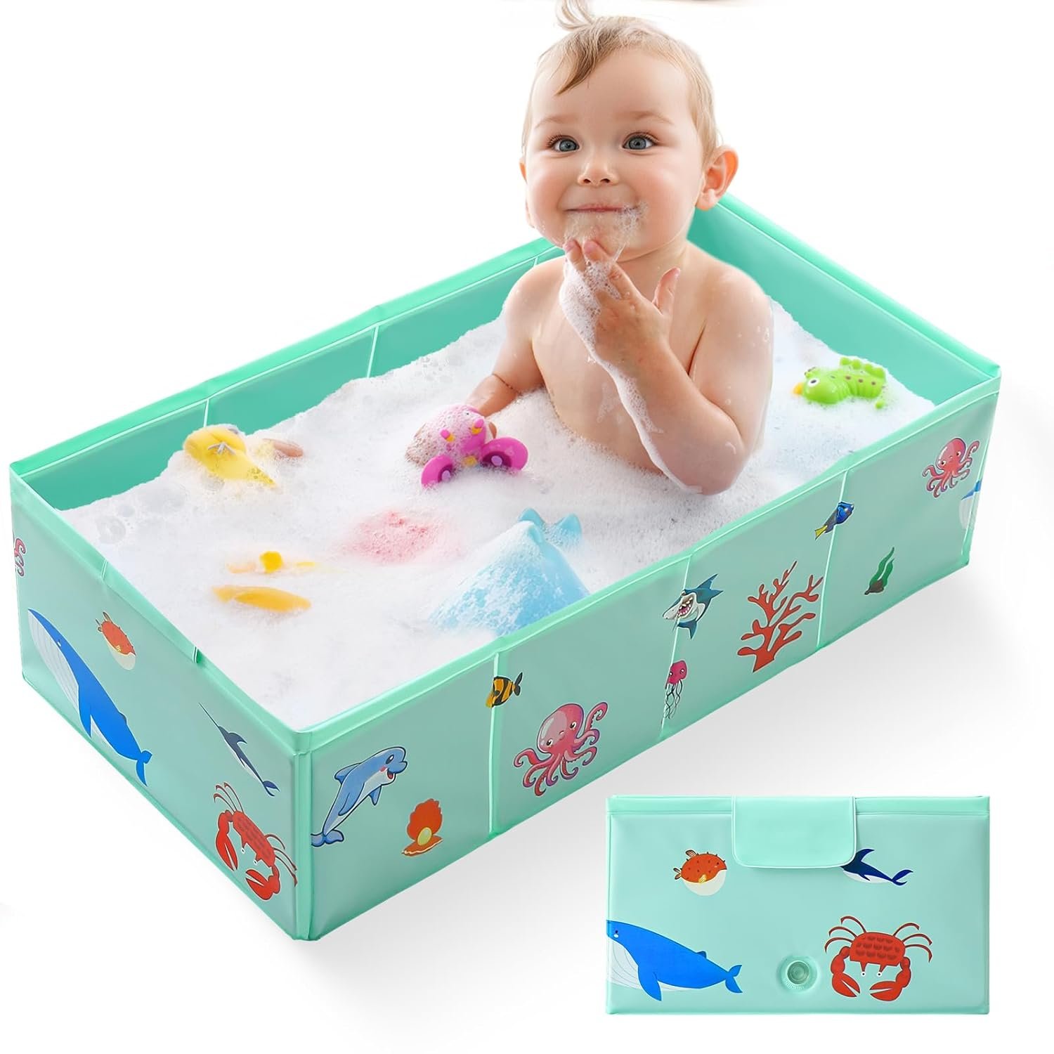 Collapsible Baby Bathtub, Portable Foldable Travel Baby Bath for Infant Toddler, Converts Shower to Tub, No Assembly Folds Flat for Storage, 6M-5 Years, Green