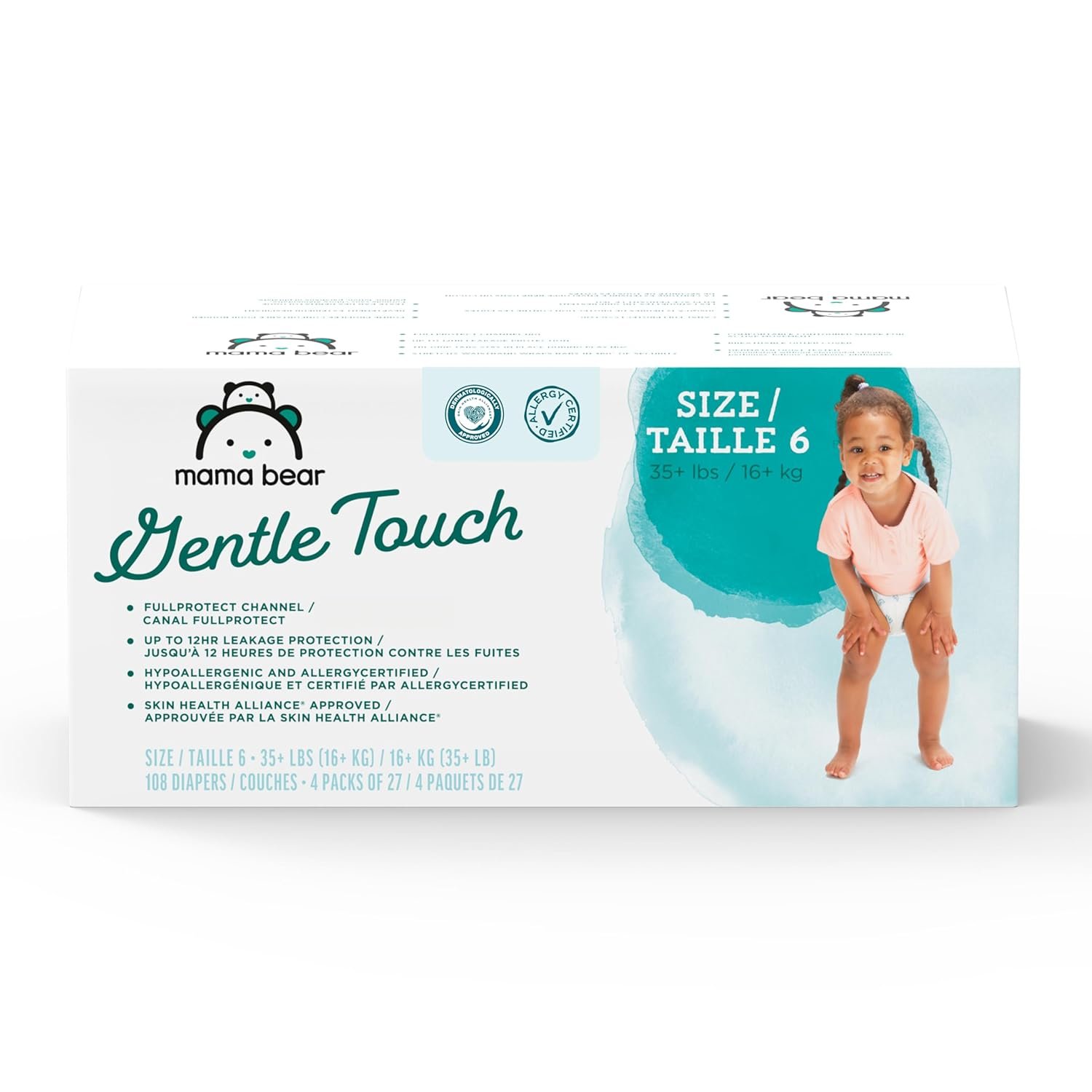 Amazon Brand – Mama Bear Gentle Touch Diapers, Size 6, 108 Count (4 packs of 27)