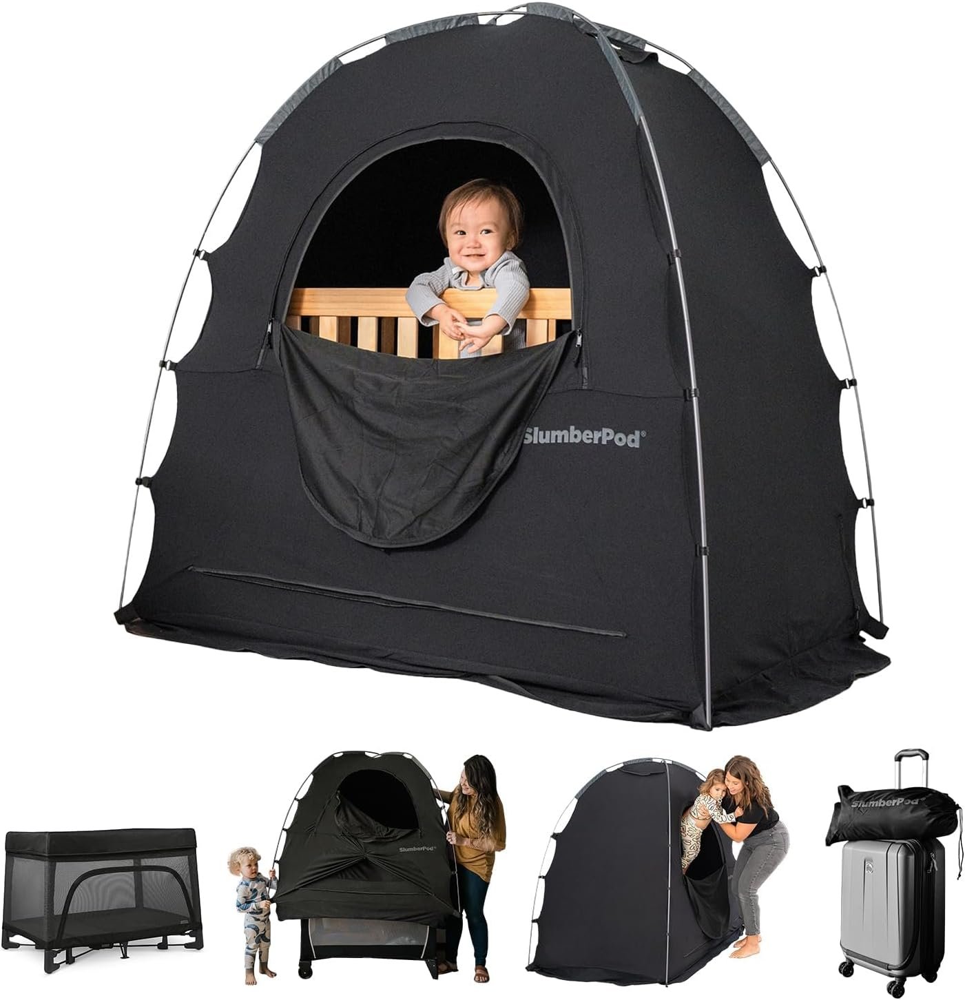 SlumberPod The Original Blackout Sleep Tent Travel Essential for Babies and Toddlers, Mini Crib and Pack N Play Cover, Sleep Pod for Kids with Monitor Pouch and Fan Pouch, Blocks 95%+ Light, Black