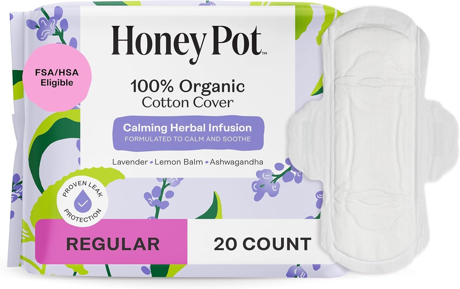 Honey Pot 100% Organic Cotton Cover Calming Herbal Infusion Regular Pads, 20 Count