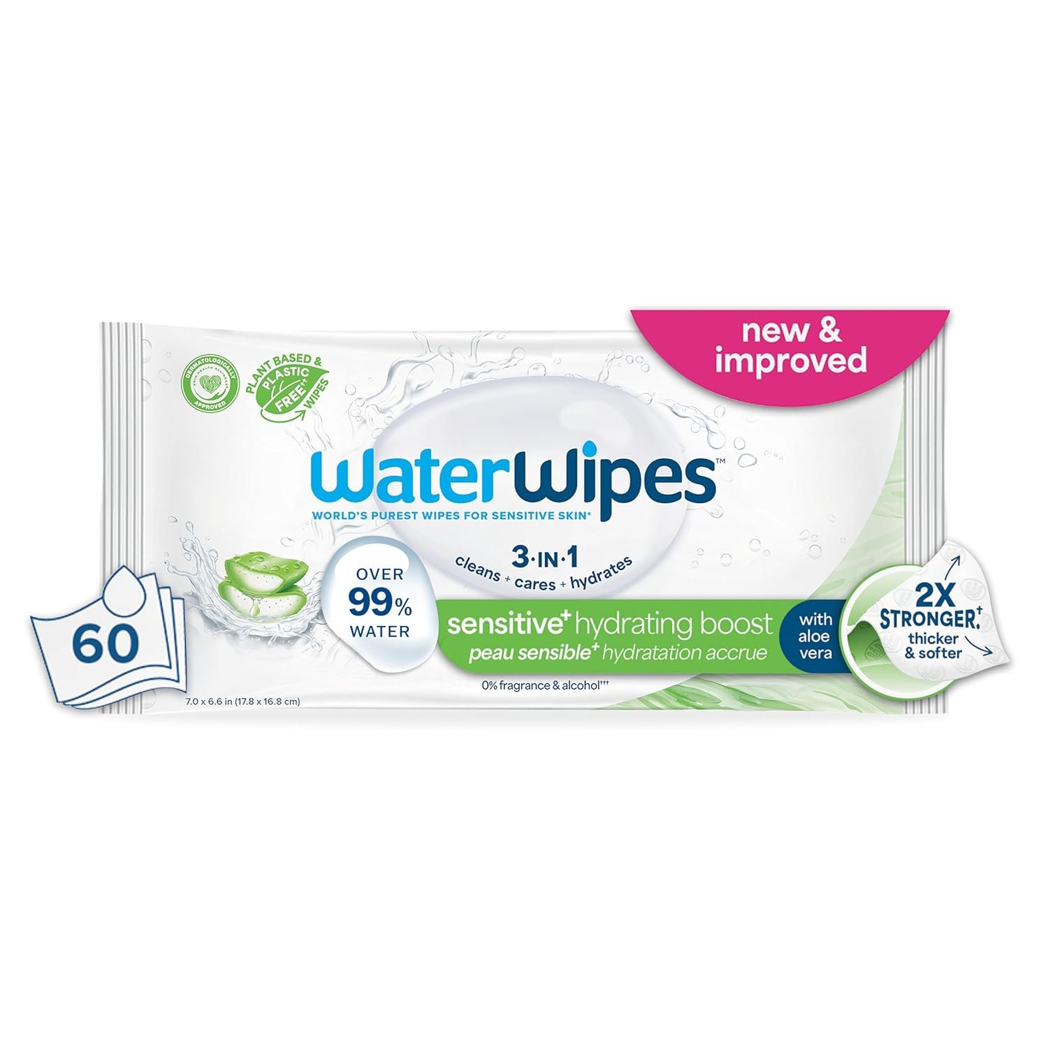 WaterWipes Sensitive+ Hydrating Boost Wipes, 3-In-1 Cleans, Cares, Hydrates, 99% Water with Aloe Vera, Unscented & Hypoallergenic Baby Wipes, 60 Count (1 Pack)