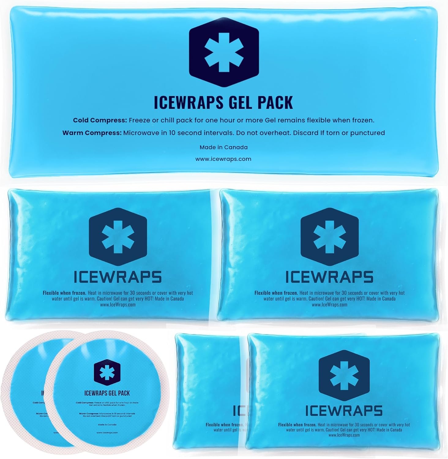 ICEWRAPS Reusable Multipurpose Gel Ice Packs in 4 Sizes – Hot Cold Pack for Injuries, First Aid, Sport Injuries, Breastfeeding, Muscle and Joint Pain Relief,7 Pack, Set A – FSA-HSA Eligible
