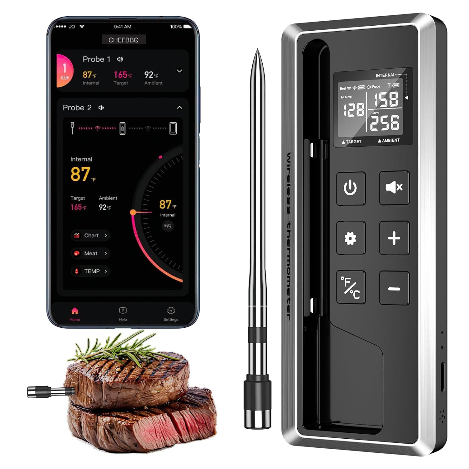 Wireless Meat Thermometer with Smart Timer & APP Control, 800ft Bluetooth Grill Food Thermometer – 0.19In-Ultra Thin Probe, ±0.5℉ Accuracy, Digital Backlit Screen for BBQ, Oven, Smoker, Kitchen