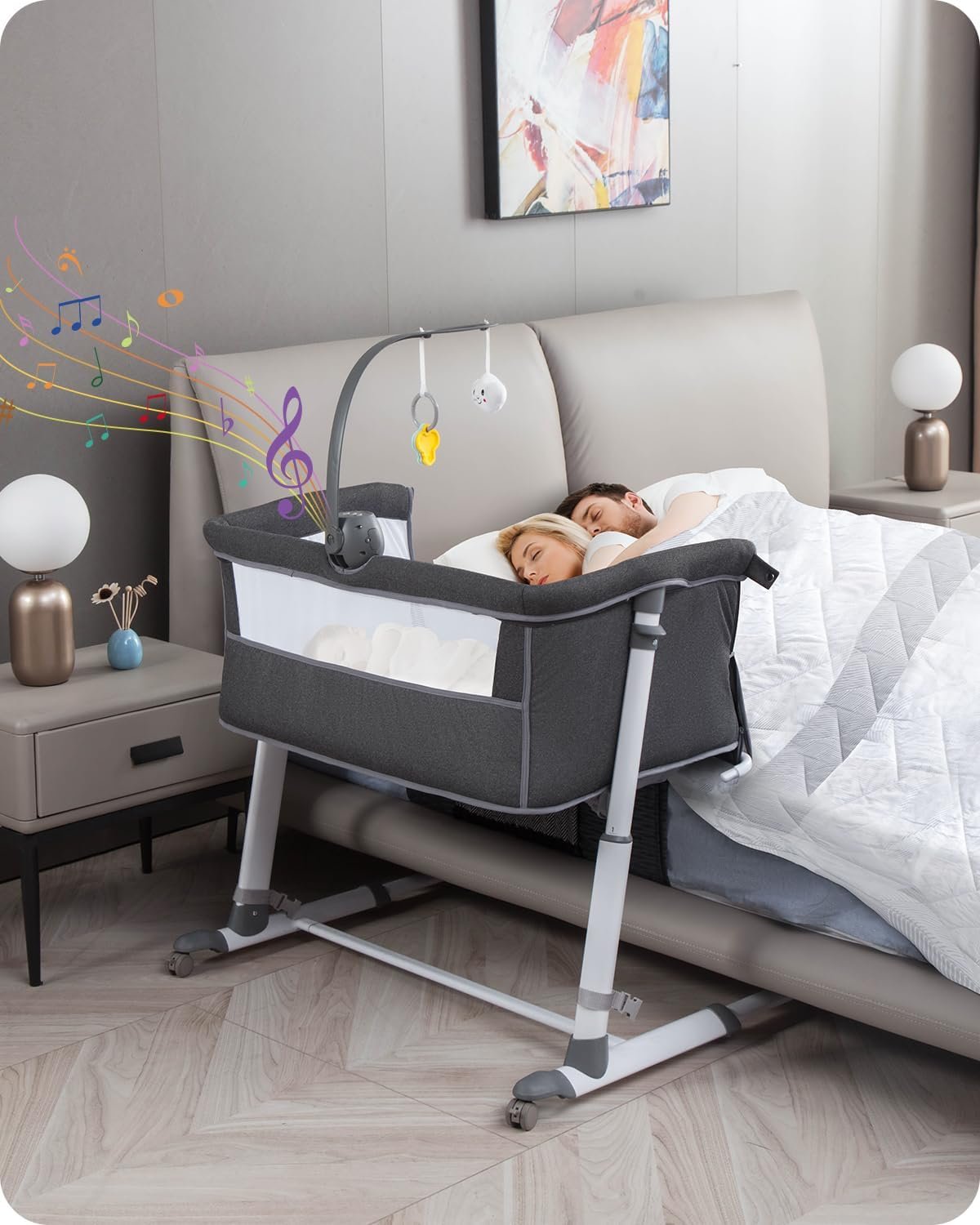 Yacul Baby Bassinet, Bedside Crib Sleeper with Wheels and Music Box, Breathable Mesh Height Adjustable Baby Bedside Sleeper, Portable, Dark Gray