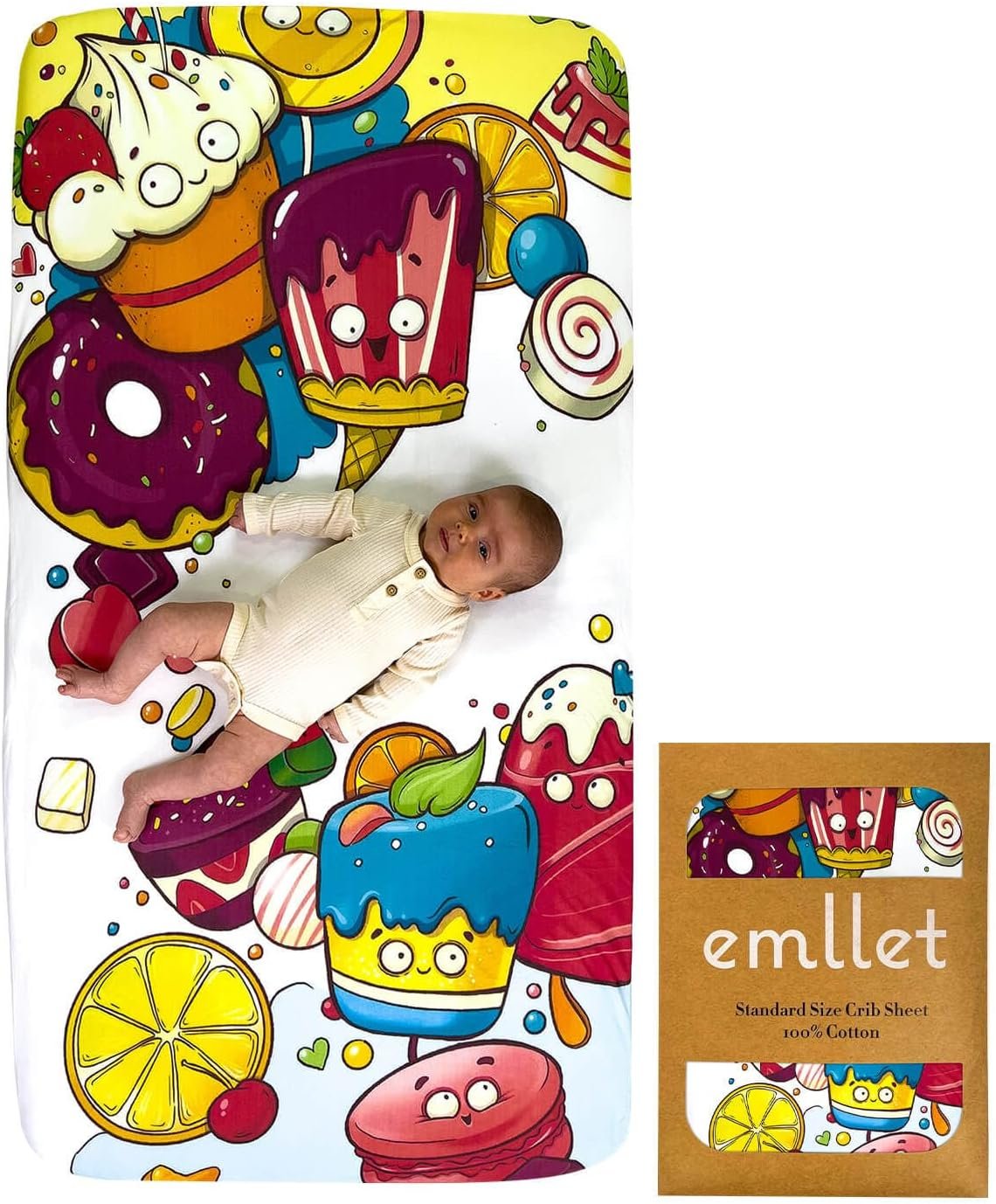 100% Cotton Fitted Crib Sheet, Sweet Treats Dessert Theme, Soft Baby Nursery Bedding for Standard Crib Mattress 52 x 28 in