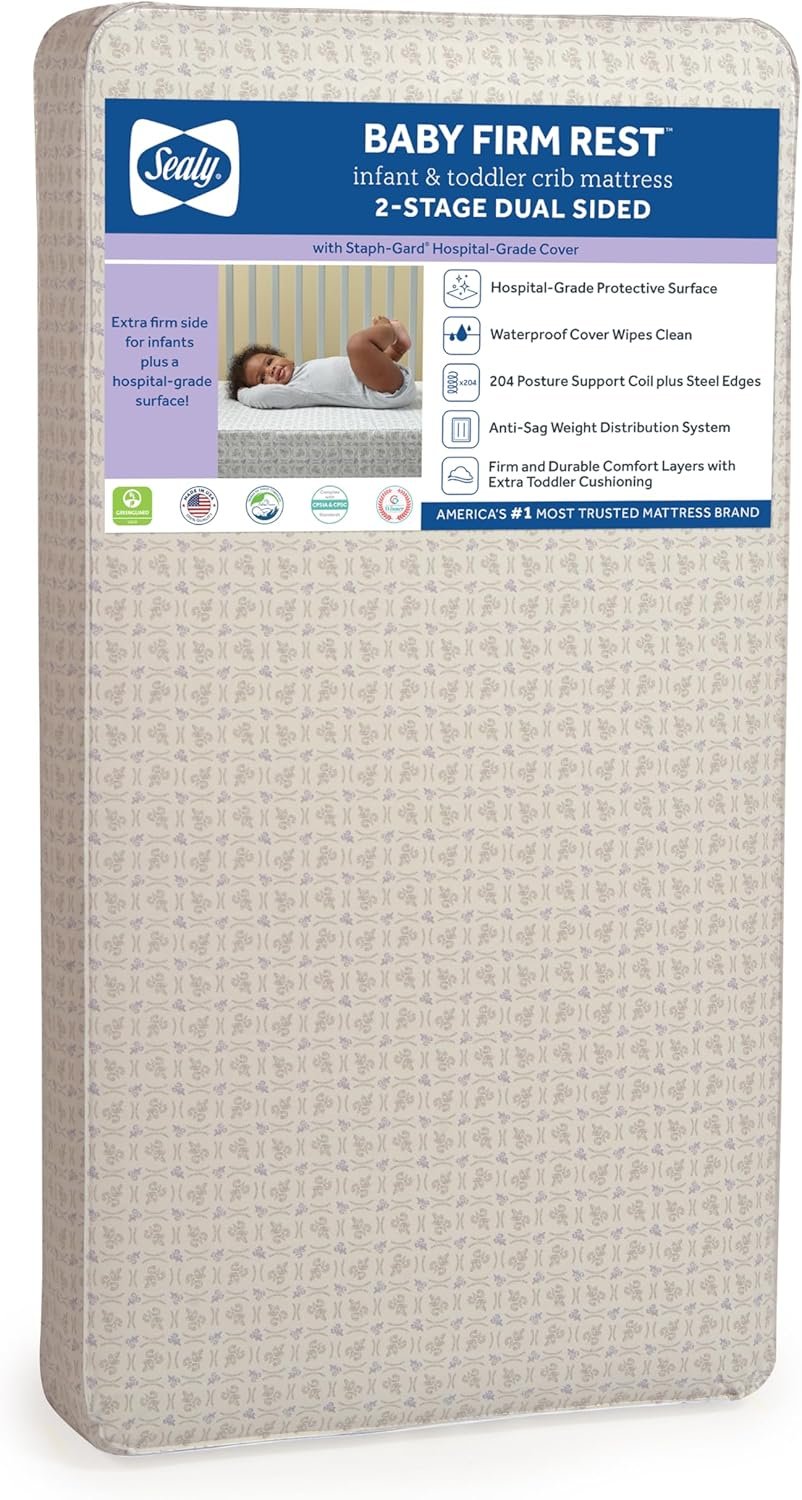 Sealy Baby Firm Rest Antibacterial Breathable Crib Mattress, Made in USA, GREENGUARD Gold Certified, 204 Steel Coils, 2 Stage, Toddler Bed Fit, Waterproof, Non Toxic, Safety & Quality Tested, 52×28″