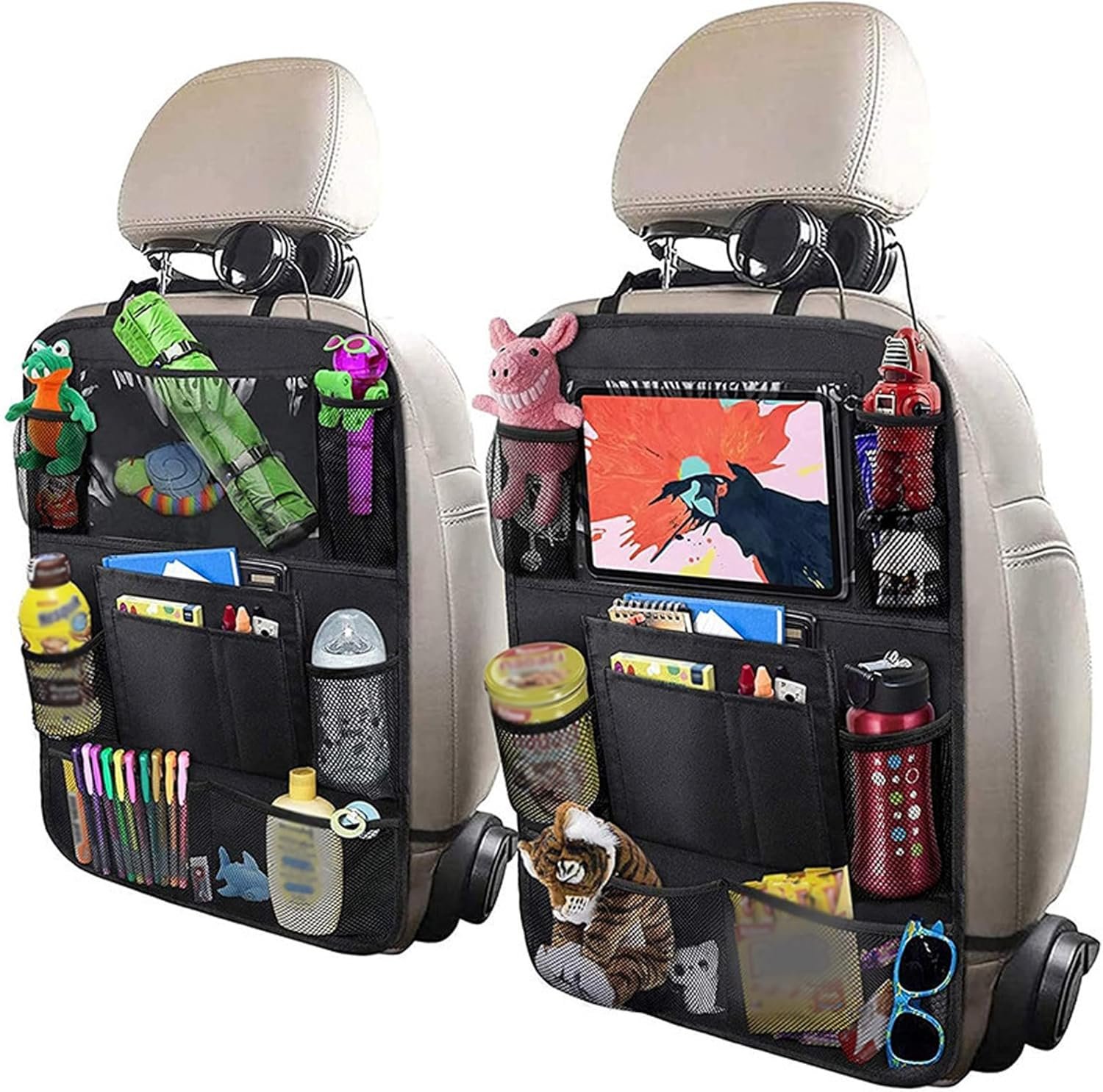 Aokdom 2PCS Car Seat Back Organizer,Extra Large Capacity Car Seat Organizer with 6 Mesh Pocket,2 Cup Holder & 4 Storage Bag,Road Trip Essentials for Kids & Adults
