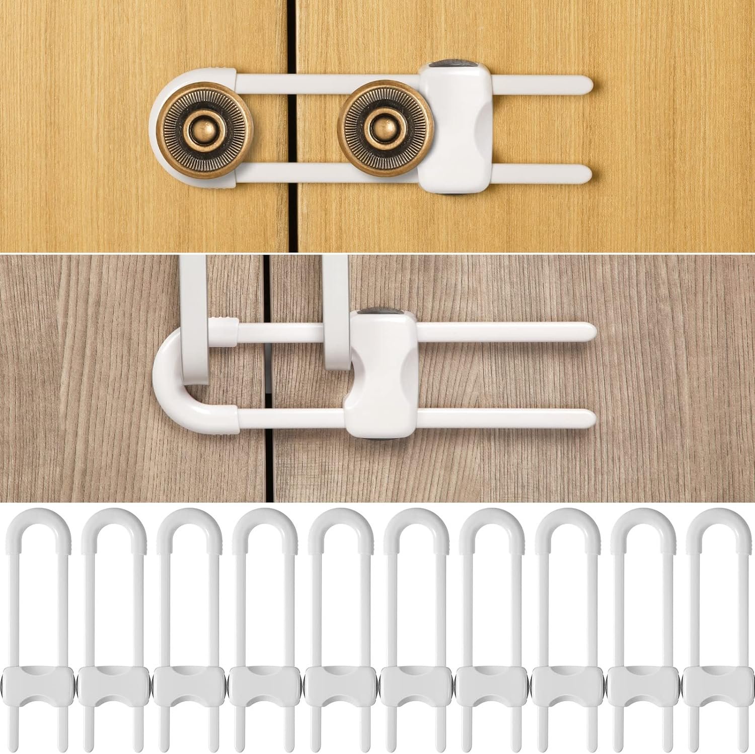 Jetec 10 Pieces Cabinet Locks for Babies, U-Shaped Proofing Drawers Safety Child Locks Adjustable, Easy to Use Childproof Latch for Knob Handle on Kitchen Door Storage Cupboard Closet (White)