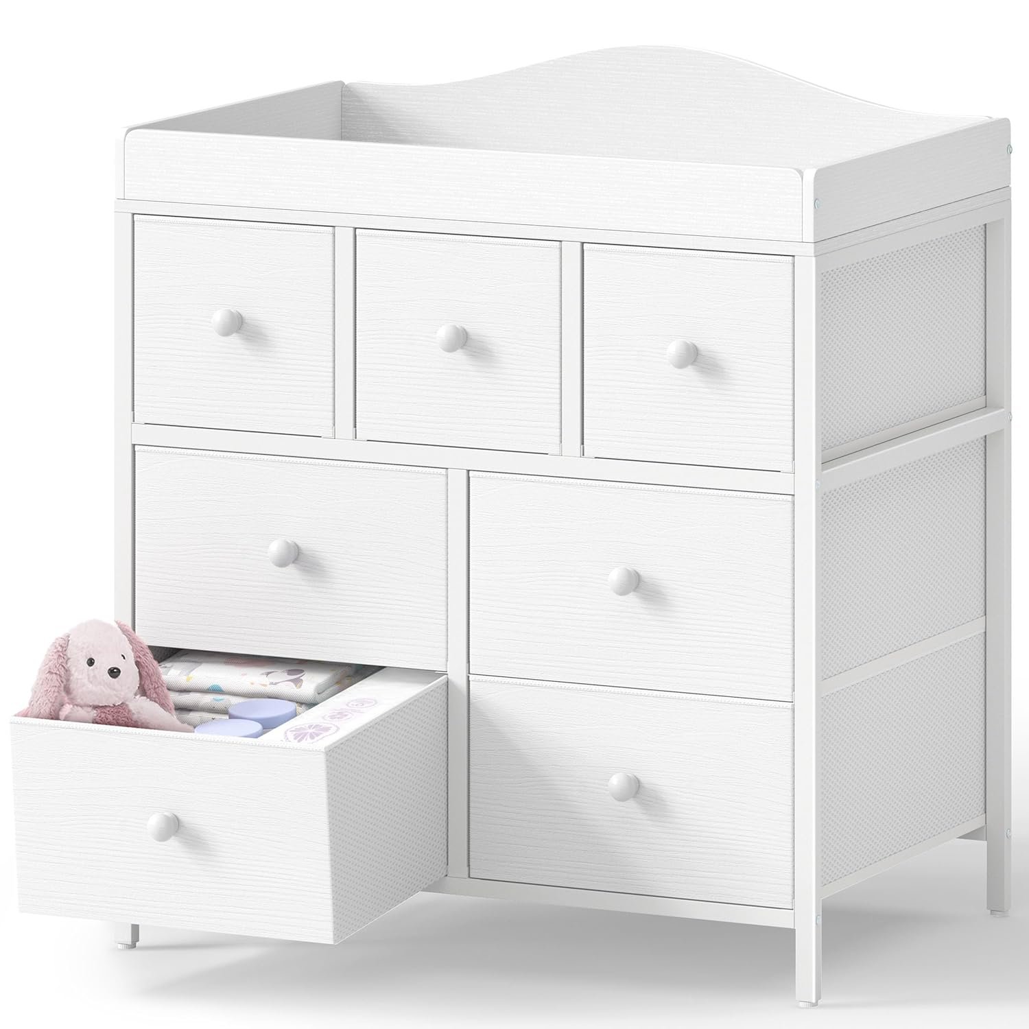 BOLUO Changing Table Dresser with Storage, Baby Dresser with Changing Table Top Diaper Changing Station with 7 Fabric Drawers for Nursery Modern