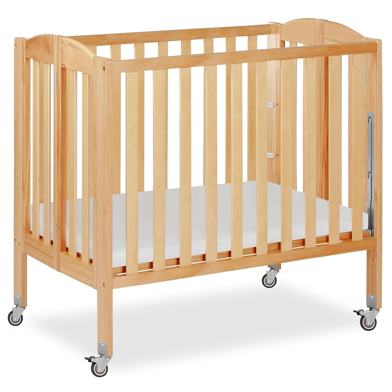 Dream On Me 3-in-1 Portable Folding Stationary Side Mini Baby Crib in Natural & Mattress, GreenGuard Gold & BSA, Use as Changer & Playpen, Locking Wheels, 3 Mattress Heights, Extra Firm Mattress