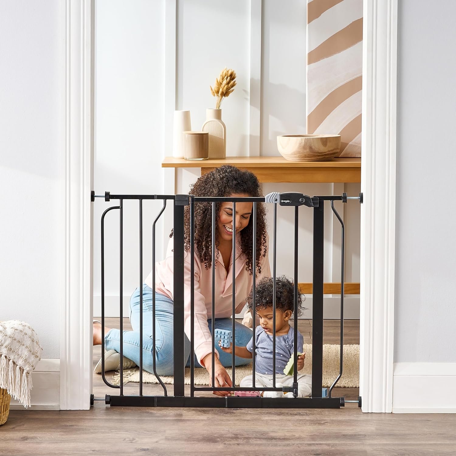 Regalo Safety 29-38.5″ Baby Gate for Doorways & Bottom of Stairs, Pressure Mounted Baby Gate with Door for Babies, Toddlers & Pets, Tested & Safe for 30 Years, American Designed, American Owned, Black