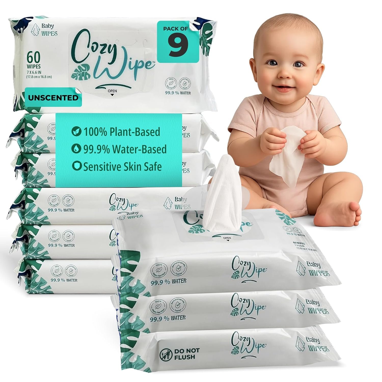 Water Based Baby Wipes, 99.9% Purified Water, Unscented & Gentle for Sensitive Skin, Plastic-Free, 9 Packs (60 Wipes Each) – Safe for Newborns & Toddlers