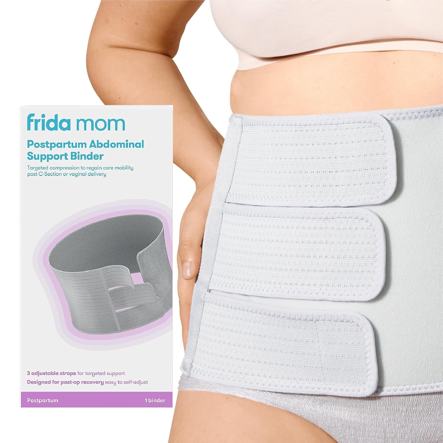 Frida Mom Belly Binder, Postpartum Essentials for Natural and C-Section Recovery, Adjustable Compression Wrap, After Birth Brace, Abdominal Band, 9″ High