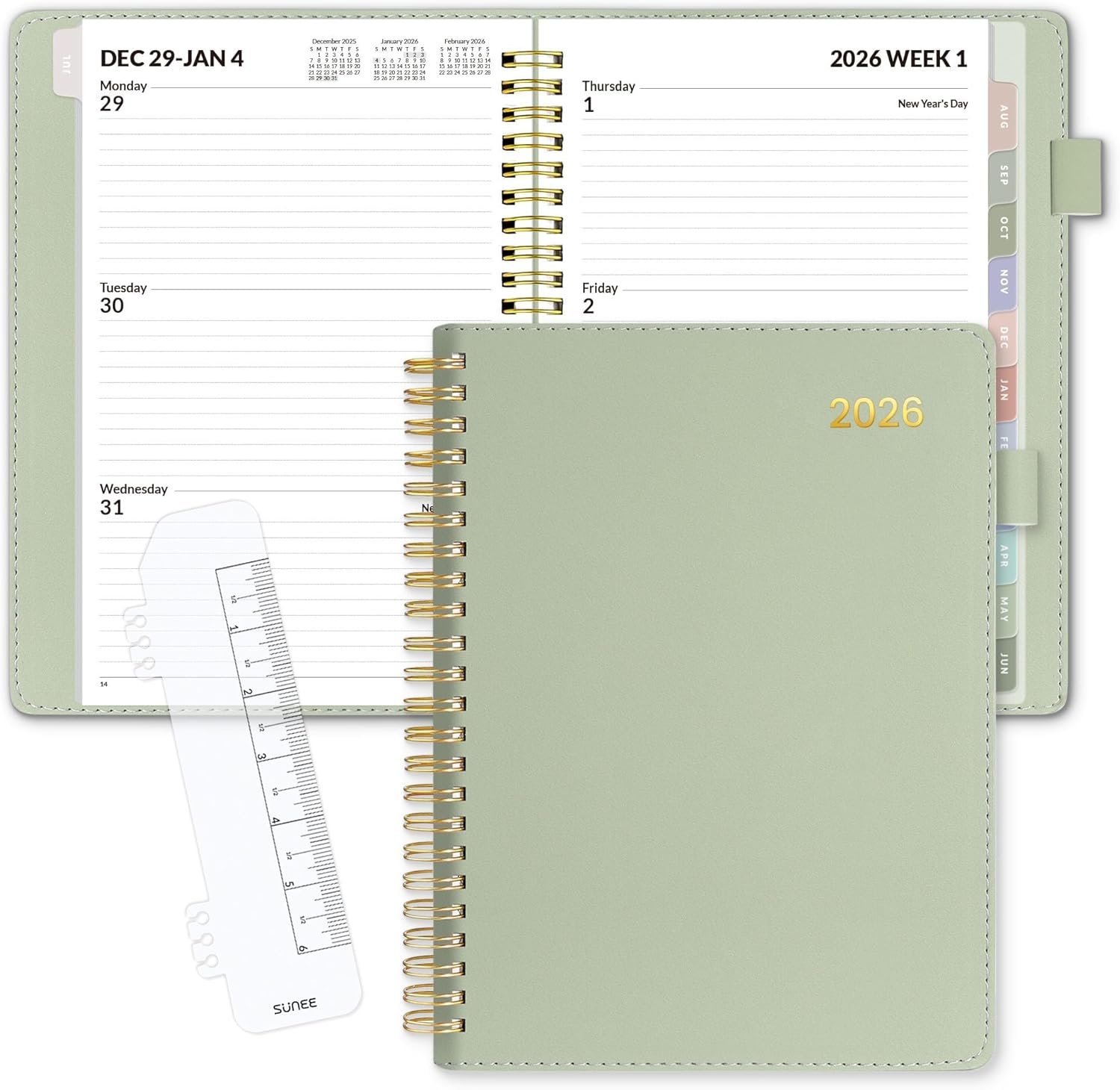 SUNEE 2026 Weekly & Monthly Planner 6.4″x8.5″- 12 Month (January 2026 – December 2026), Vegan Leather Cover, Pocket, Bookmark, Notes, Monthly Tab, Sage Green