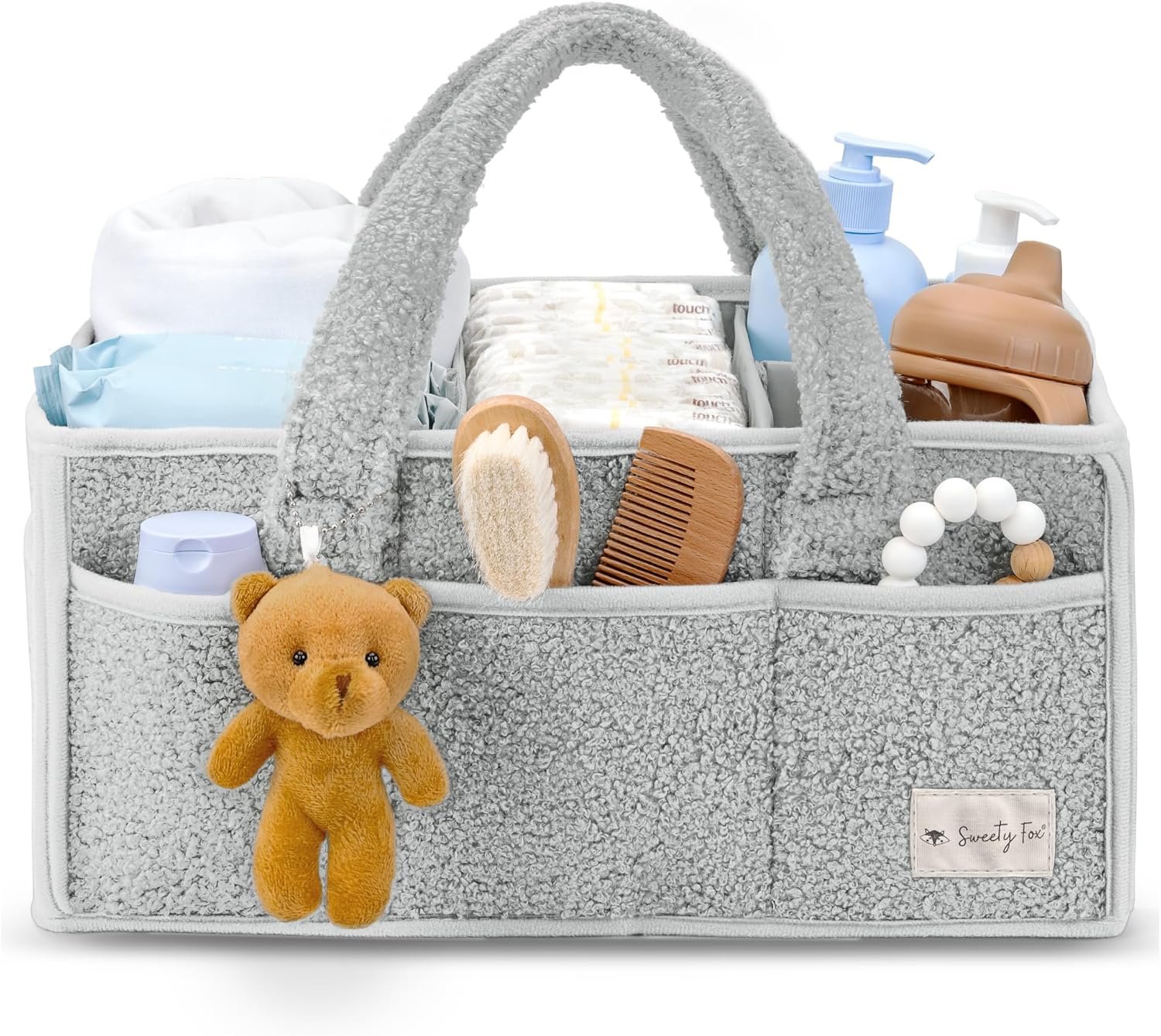 Sweety Fox Baby Diaper Caddy Organizer with Handle – Portable Sherpa Nursery Basket – Car Diaper Organizer, Cleaning Caddy, Gift for Baby Shower – Grey