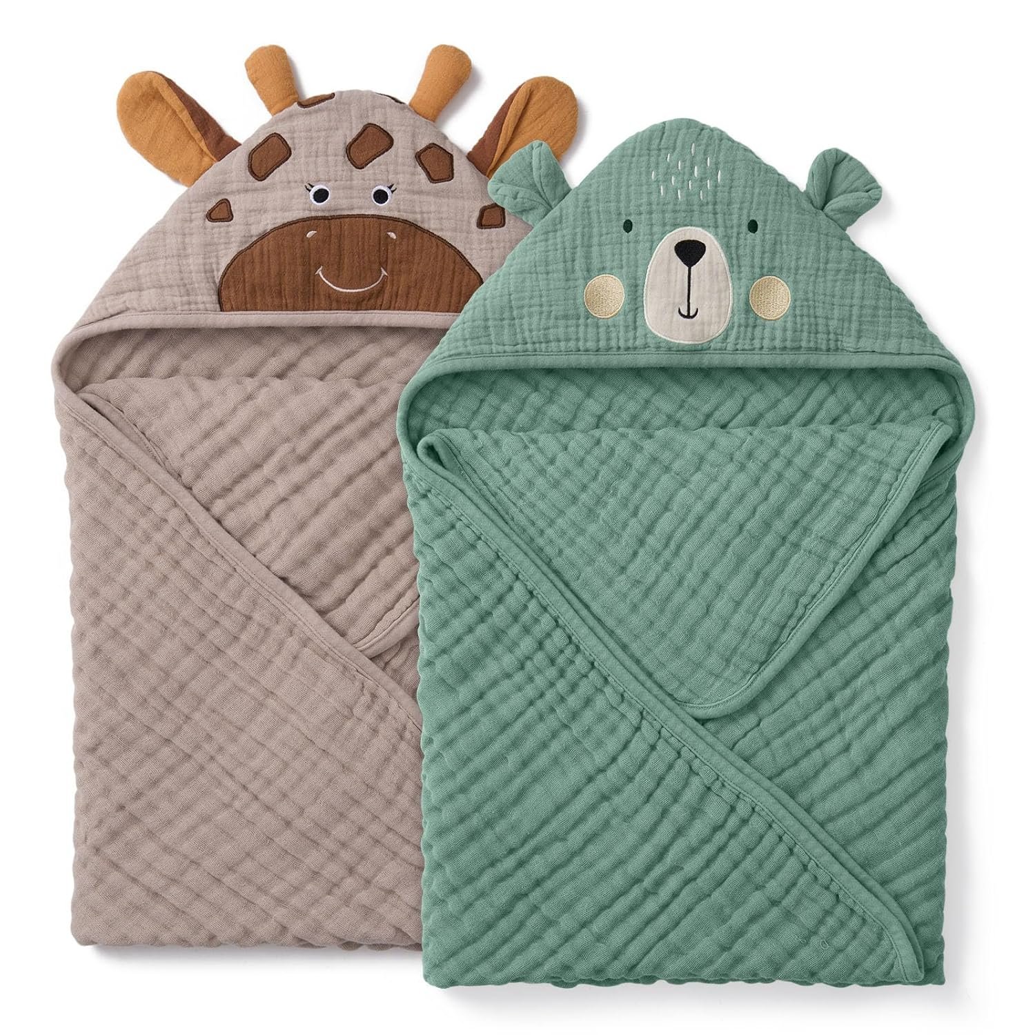 Blissful Diary Muslin Baby Hooded Towel 2 Pack, Soft & Absorbent Bath Towel for Infant, Toddler, Unisex, Baby Gift, Newborn Essentials, Bear & Giraffe