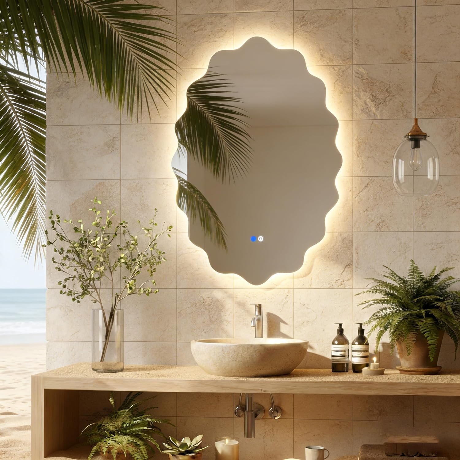 Oval Irregular Wave LED Bathroom Wall Mirror, Dimmable Backlit Mirror with 3 Color Lights, Anti-Fog, Stylish Oval LED Mirror for Bathroom Decor & Vanity (22″x 30″, 1 Pack)
