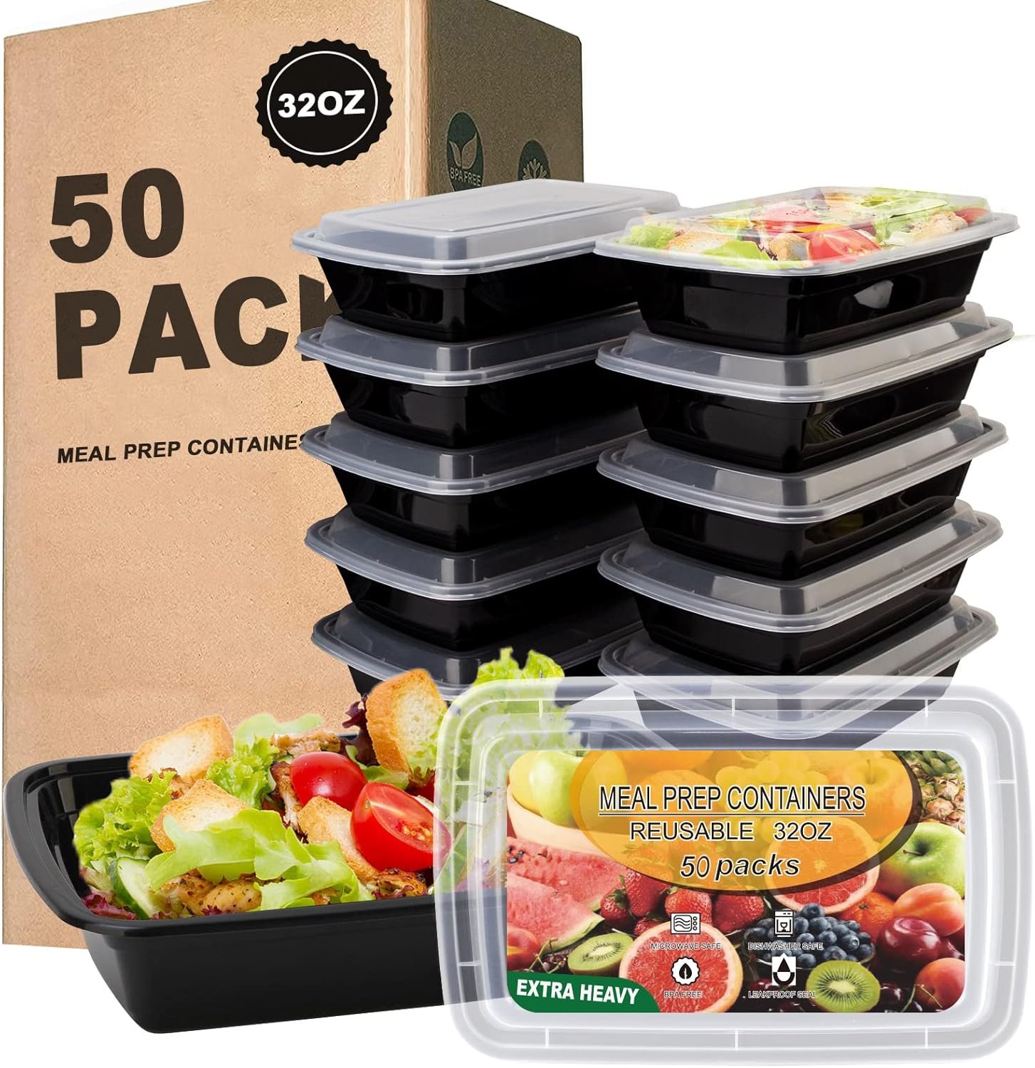 50 Pack- Meal Prep Containers 32oz, Plastic Food Prep Containers Reusable, Leakproof To Go Food Containers with Lids, BPA-Free, Microwave/Dishwasher/Freezer Safe
