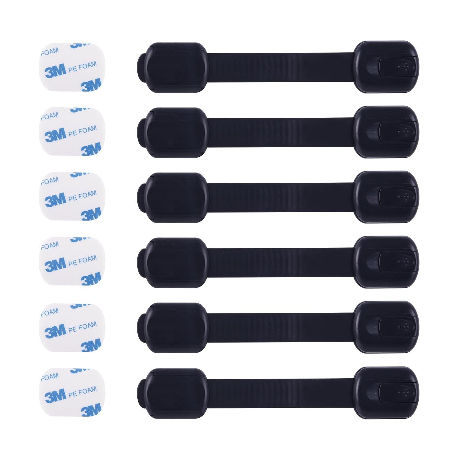 Child Safety Cabinet Locks (6 Pack) – Adjustable Baby Proofing Strap Latches with Strong 3M Adhesive – No Drill Childproof Locks for Drawers, Cabinets, Fridge, Door, Closet, Black