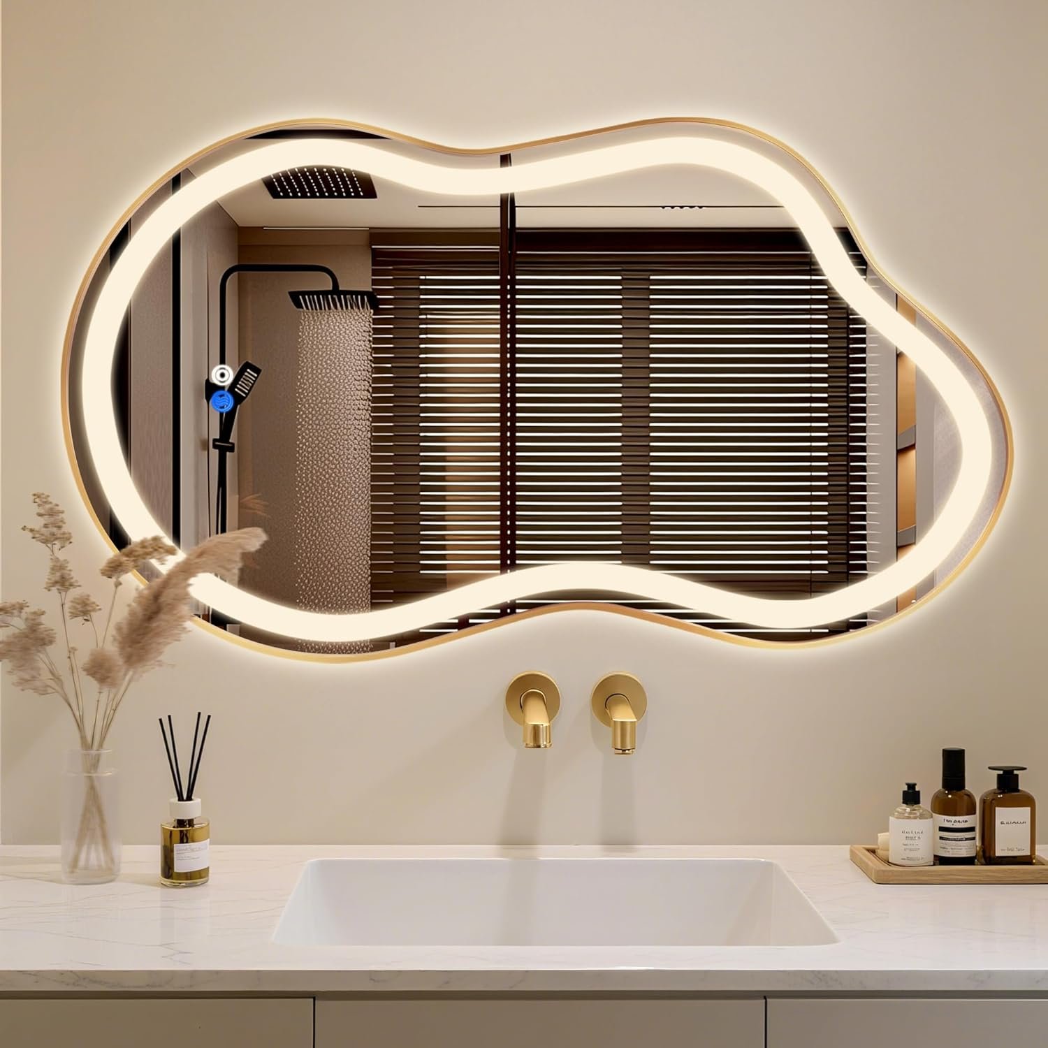 Irregular LED Bathroom Mirror with Lights, Cloud Smart Backlit Mirror, Dimmable Lighted Bathroom Gold Mirror with Anti-Fog, Asymmetrical Vanity Mirror Hangable 2 Ways (Gold, 20 x 36, 1 Pack)