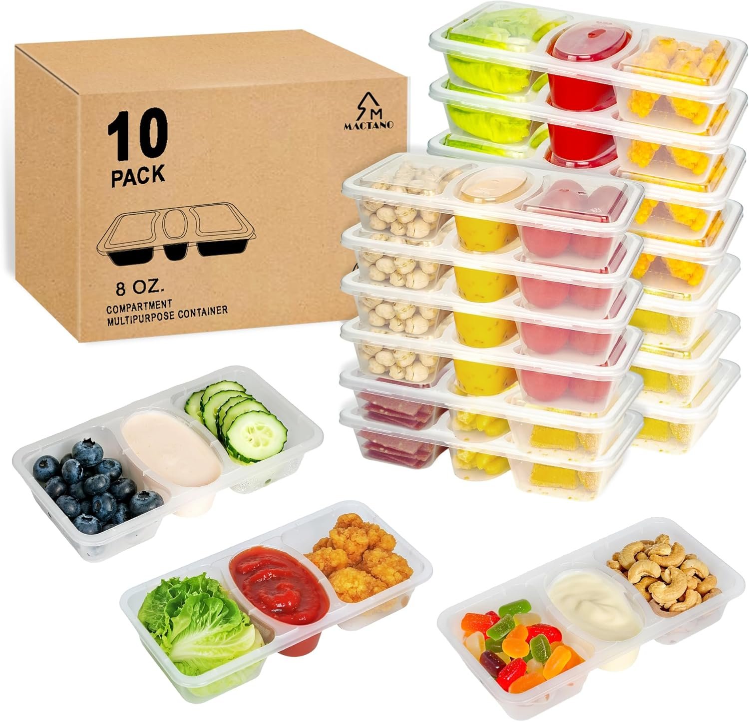 MACTANO 8 OZ Reusable Snack Containers with Lids, New 3 Compartment Condiment Snack Pack Containers 10 Sets