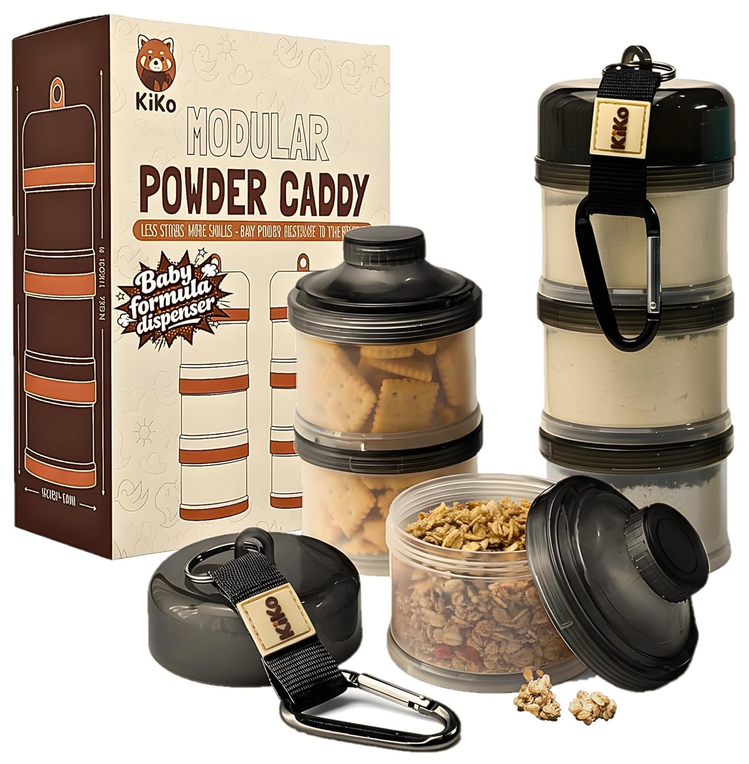 Formula Container to Go – Baby Essentials, Stackable Formula Dispenser for Night Feedings, Snacks and More – 2 Pack, by KiKo (Black)