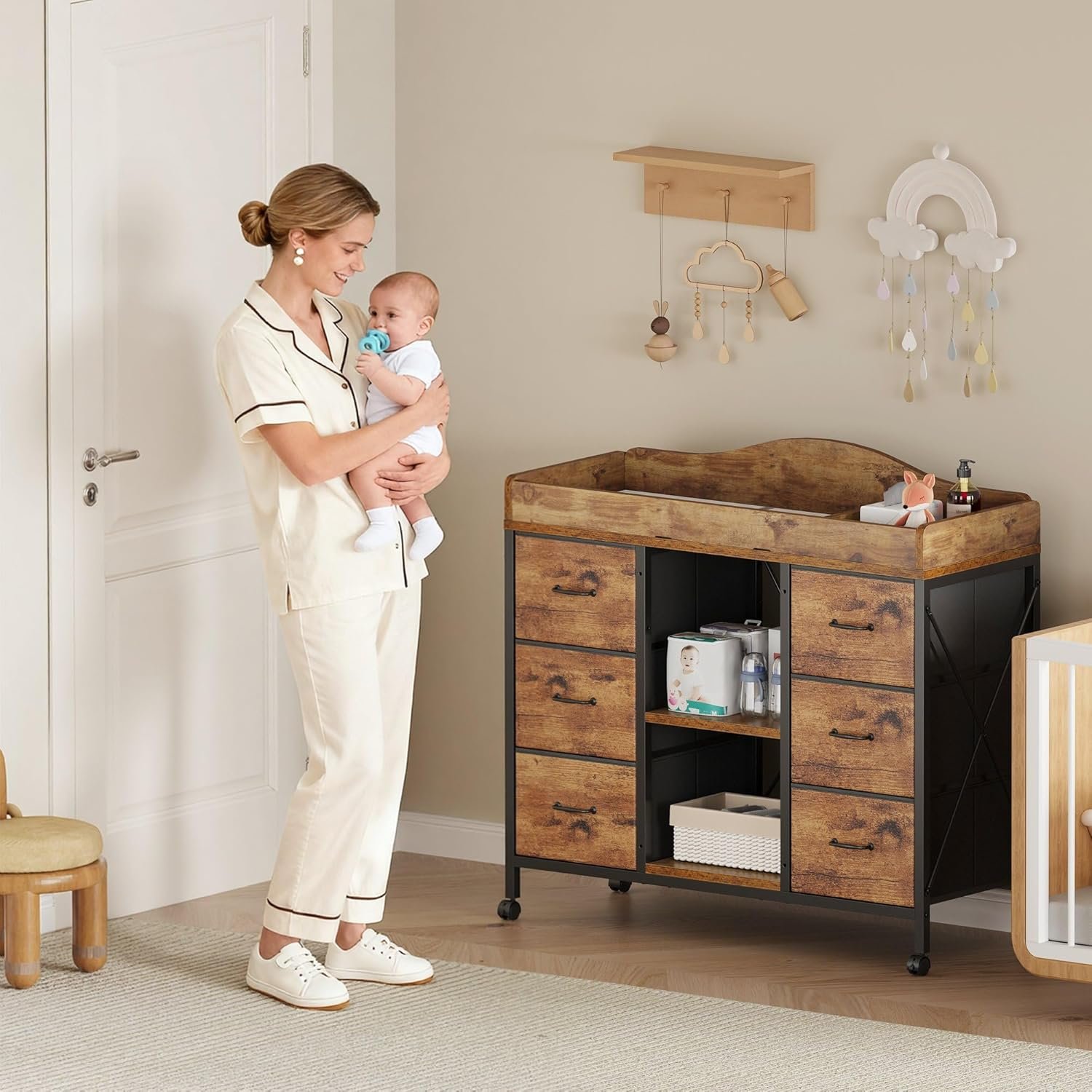 Changing Table, 6-Drawer Baby Dresser with Changing Table top,Waterproof Diaper Changing Station & Pad, 2 Height-Adjustable Open Storage Shelves, Mobile Nursery Organizer, Rustic Brown