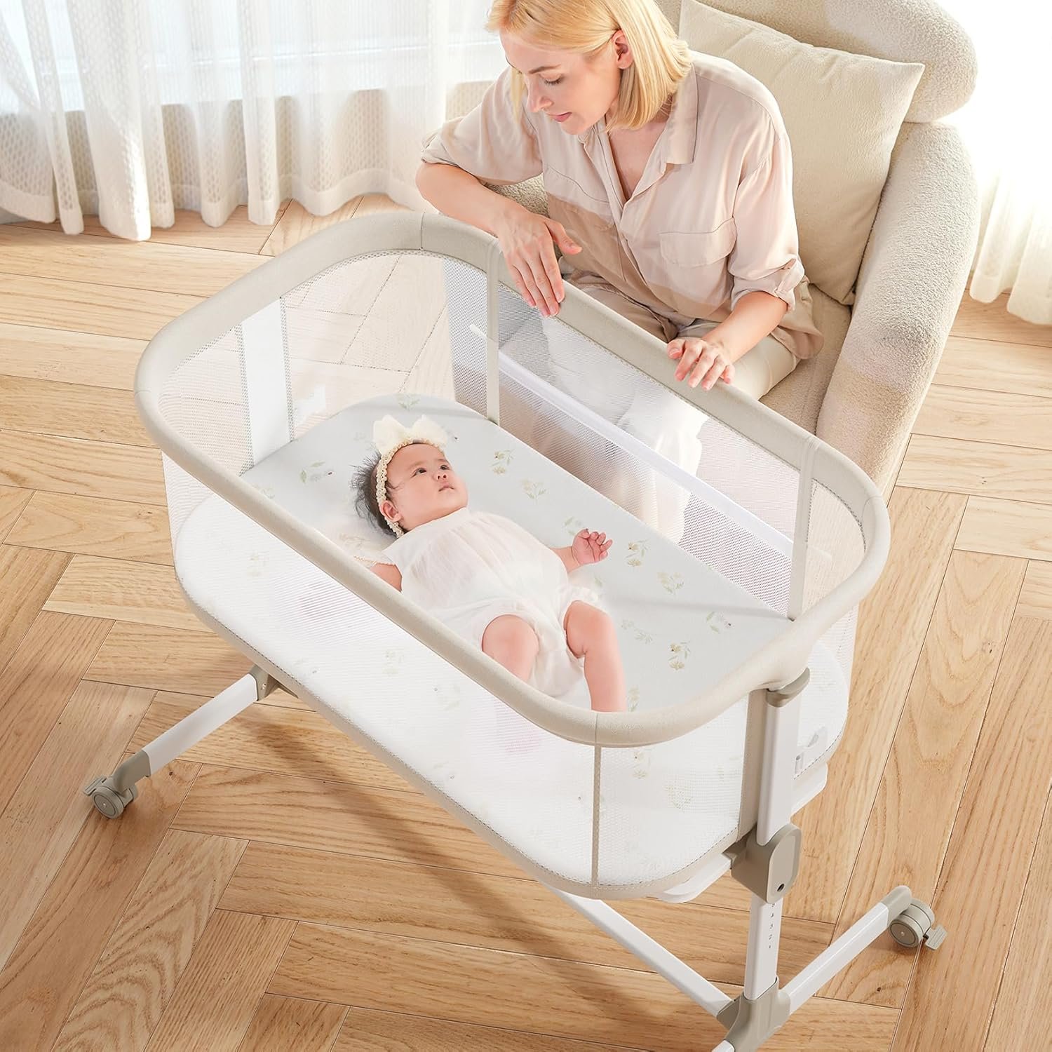 Fodoss Baby Bassinets Bedside Sleeper – All Mesh Bedside Bassinet with Wheels, 7 Height Adjustable Baby Bassinet for Infants, Beige