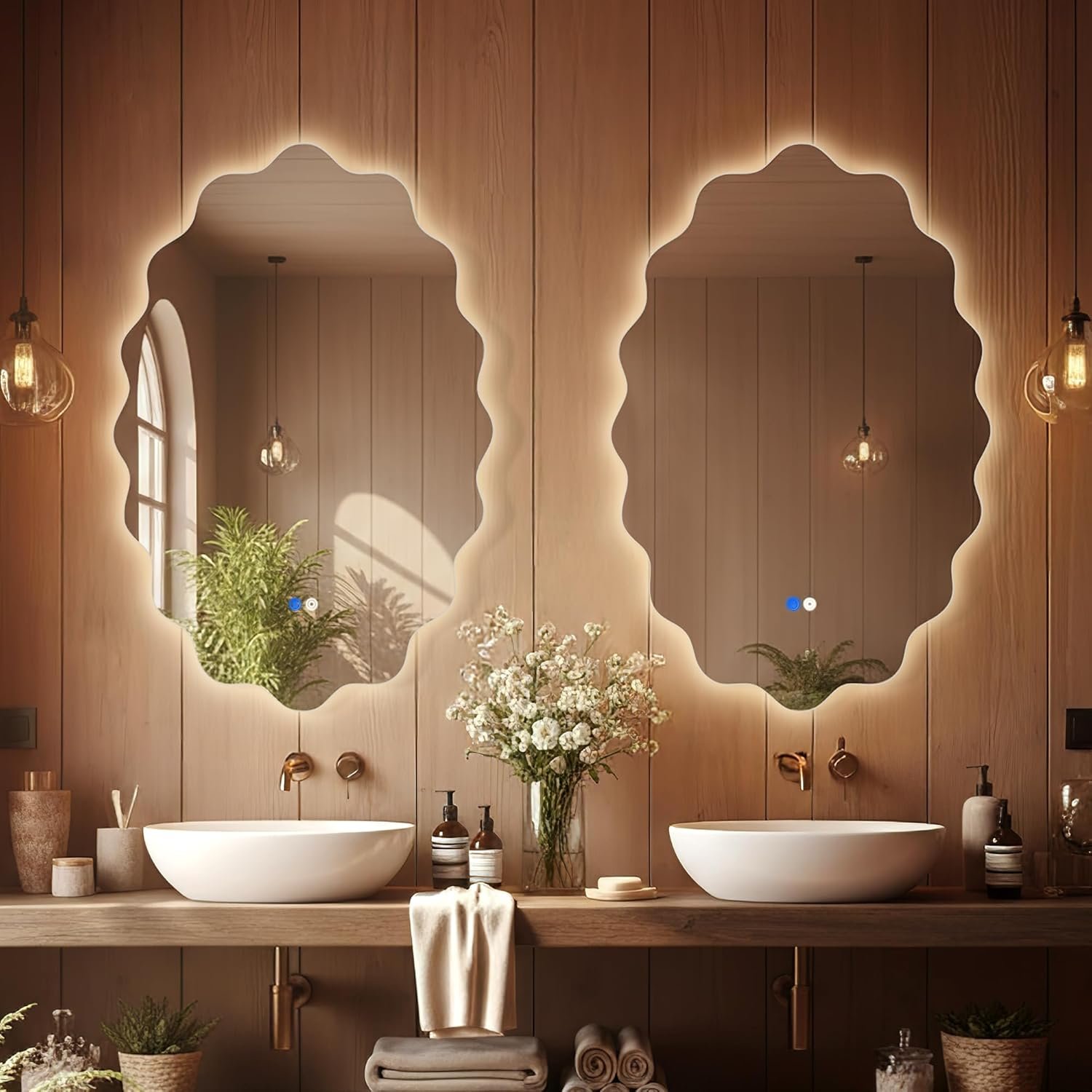 Oval Irregular Wave LED Bathroom Wall Mirror, Dimmable Backlit Mirror with 3 Color Lights, Anti-Fog, Stylish Oval LED Mirror for Bathroom Decor & Vanity (22″x 30″, 2 Pack)
