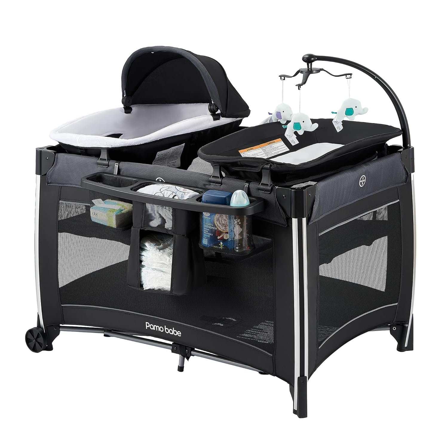 Pamo Babe 4 in 1 Baby Playards with Bassinet & Changing Table, Portable Crib Breathable Mesh and Toy Mobile