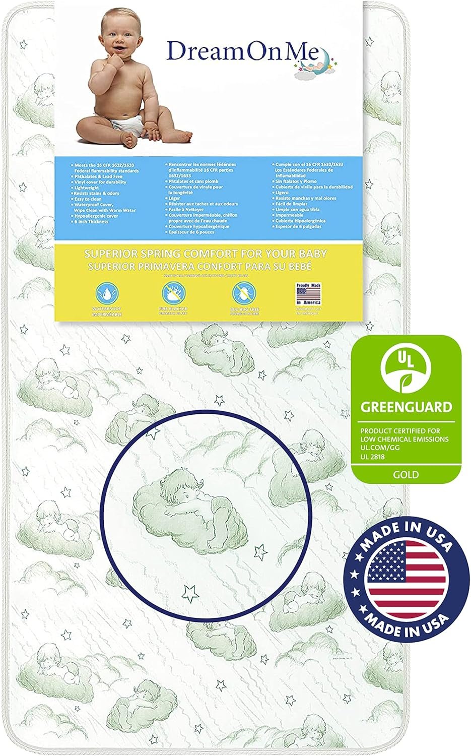Dream On Me Nirvana 6” 96 Coil Inner Spring Crib And Toddler Mattress, Greenguard Gold Certified, Made in USA, Core Support & Comfort, Airflow Pockets, Waterproof Vinyl Cover