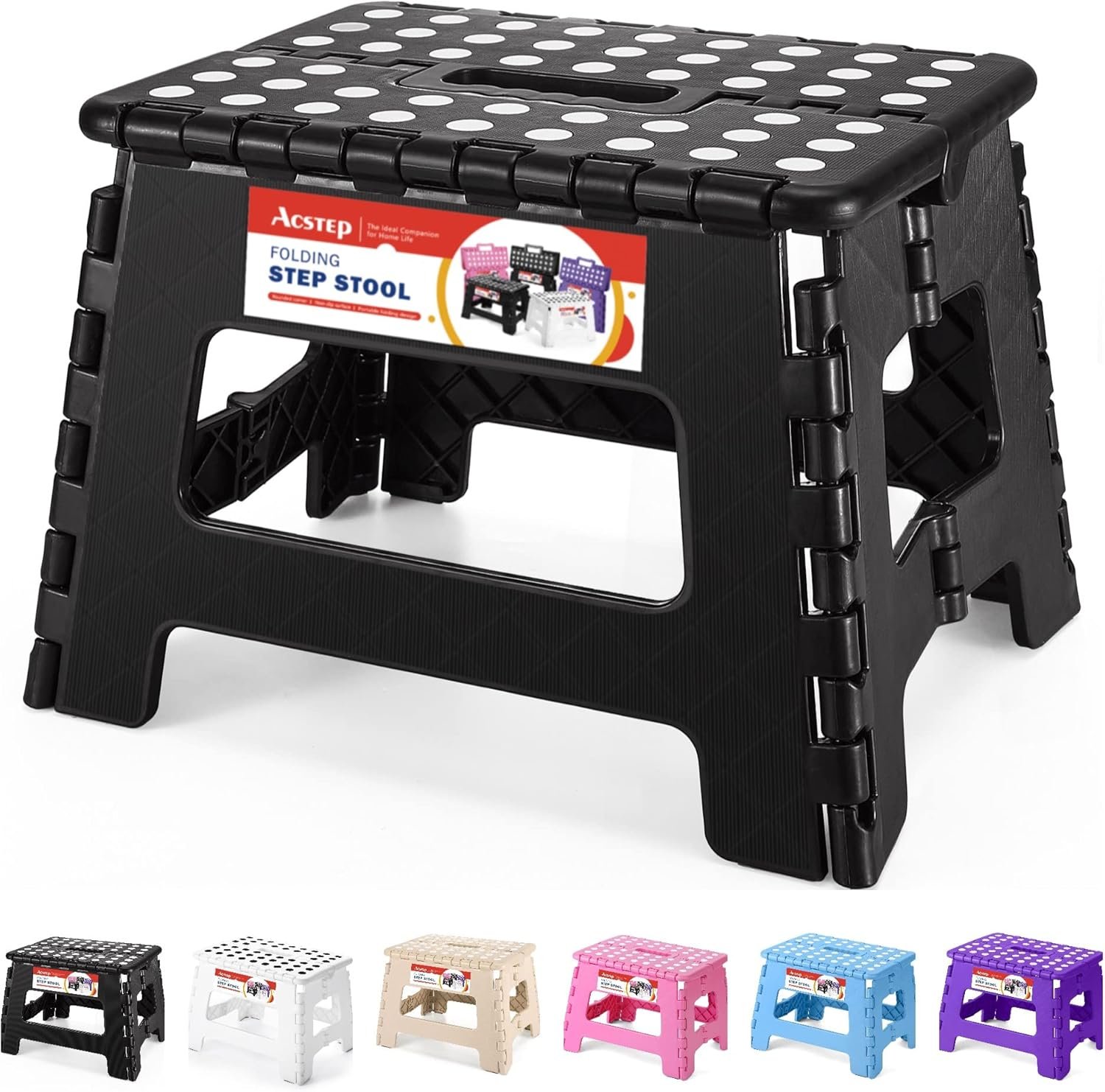 ACSTEP Folding Step Stool 9” Tall Kids Step Stool Holds Up to 300 lb Plastic Foldable Step Stools for Kids Non-Slip Surface with Carry Handle Collapsible Stool for Home, Outdoor and Indoor(Black)