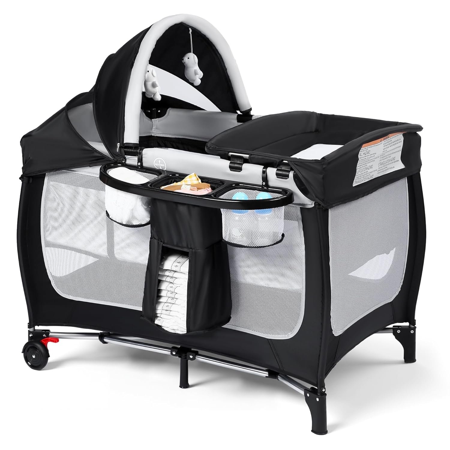 Kinder King 4 in 1 Portable Pack and Play, Baby Playard w/Bassinet, Large Playpen for Infant and Toddler, Newborn Changing Table, Adjustable Canopy, Storage Basket, Travel Bag, Black