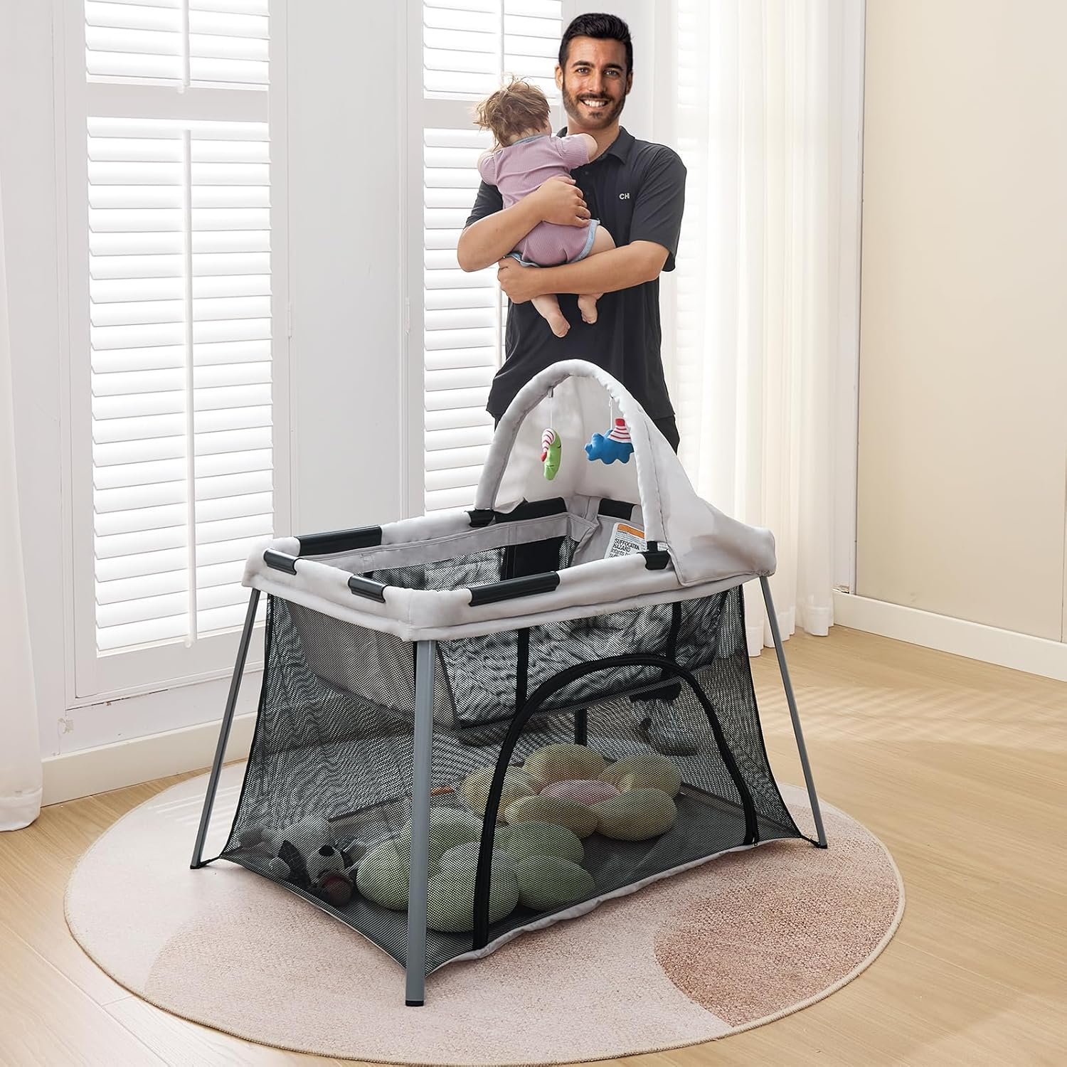 Portable Travel Crib for Baby & Toddler, Gentle Monster Lightweight 2 in 1 Baby Travel Pack and Play Bassinet with Mattress and Sunshade, Foldable Travel Crib Mini Playpen Playard for Indoor Outdoor