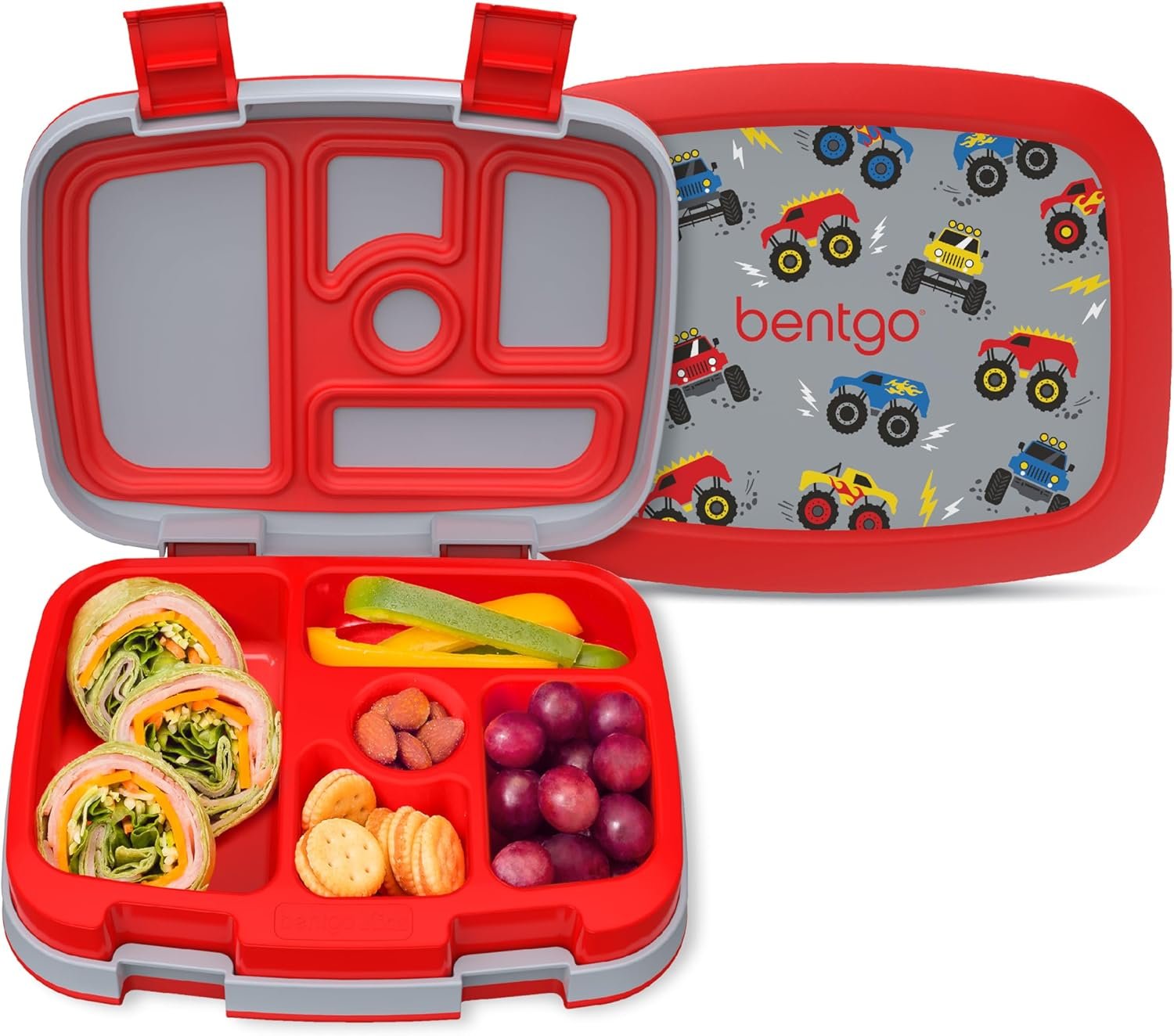 Bentgo Kids Prints Leak-Proof, 5-Compartment Bento-Style Kids Lunch Box – Ideal Portion Sizes for Ages 3-7, Durable, Drop-Proof, Dishwasher Safe, & PFAS & BPA-Free Materials (Trucks)