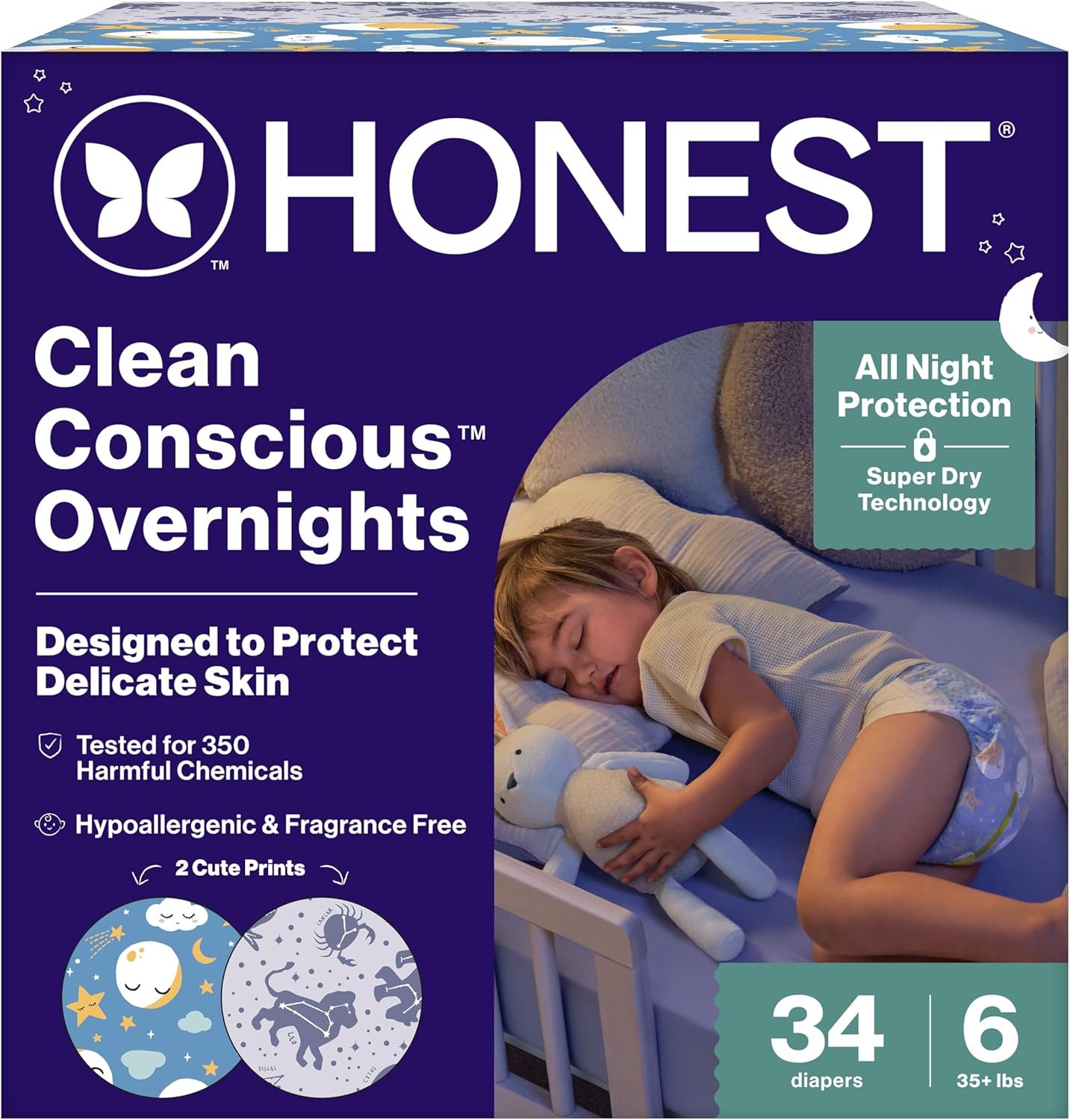 Clean Conscious™ Overnight Diapers | Up to 12 Hours of Protection | Hypoallergenic + Fragrance Free | Cozy Cloud + Star Signs | Size 6, 34 Count Club Box