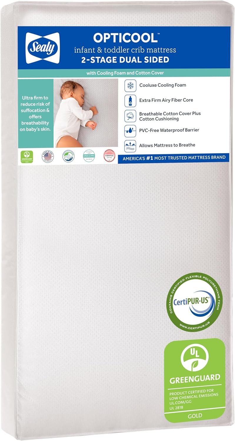 Sealy Baby OptiCool Breathable Crib Mattress, GREENGUARD GOLD Certified, Made in USA, Toddler Bed Fit, 2 Stage Cooling Memory Foam, Non Toxic, Airy Cotton Cover, Safety & Quality Tested, 52×28″