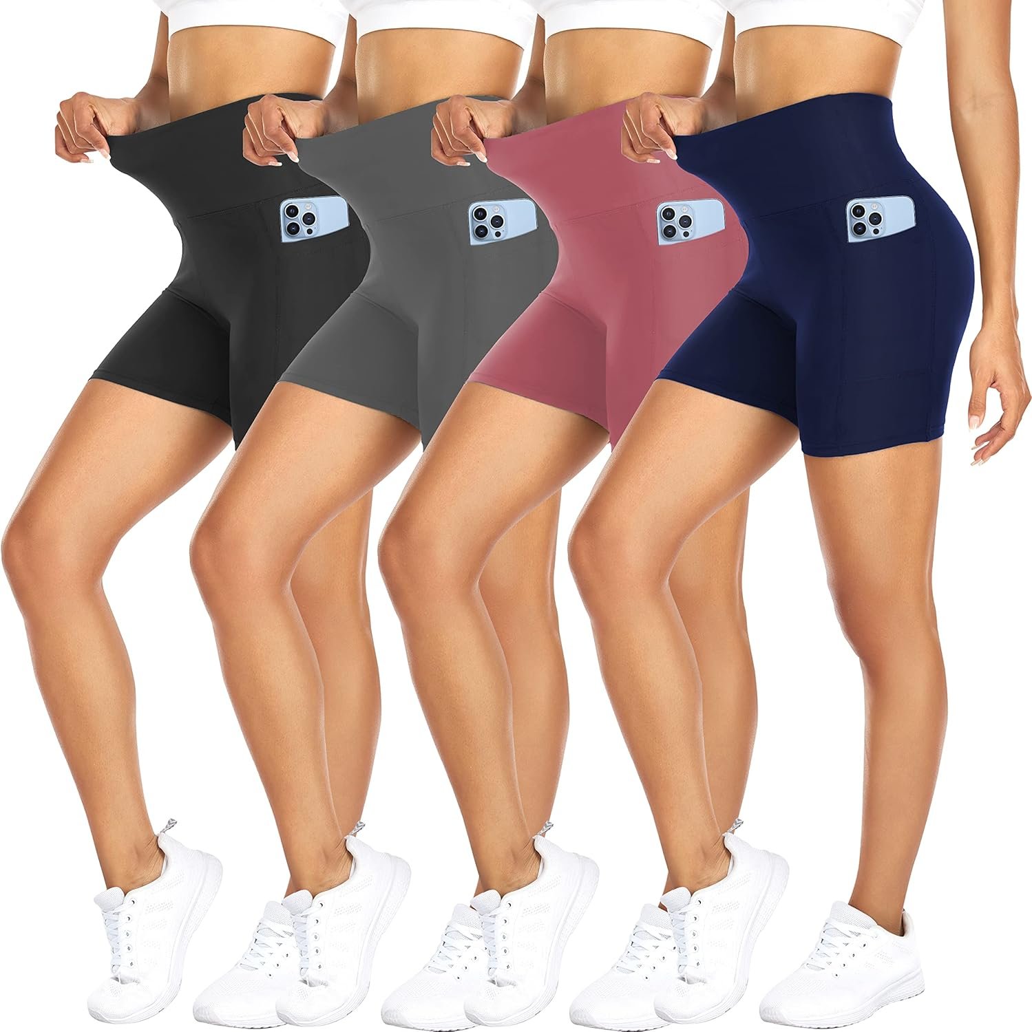 FULLSOFT 4 Pack Biker Shorts for Women with Pockets – 5″ High Waisted Tummy Control Workout Yoga Running Gym Tennis Shorts