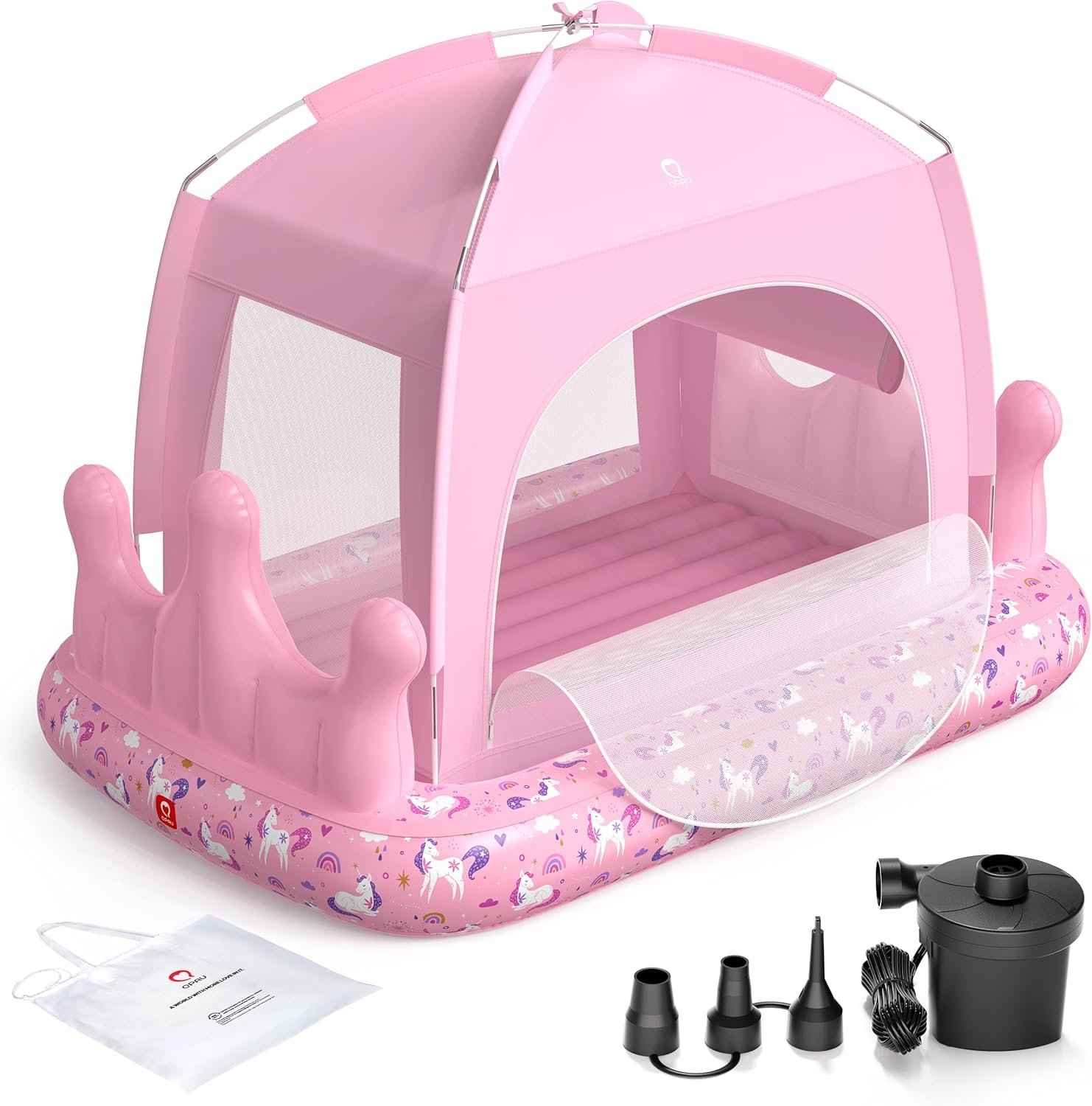 QPAU Princess Inflatable Toddler Bed with Tent, Blow Up Toddler Travel Bed with Sides, Portable Kids Air Mattress for Girls, Ideal for Home, Grandma’s, Camping & Sleepovers – Includes Electric Pump