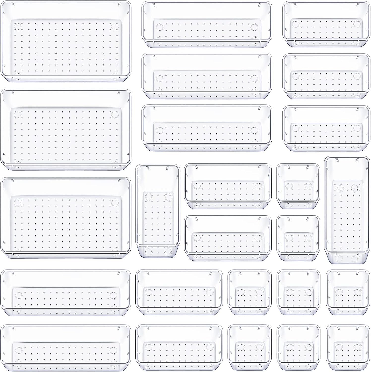 WOWBOX 25 PCS Clear Plastic Drawer Organizer Set, 4 Sizes Desk Drawer Divider Organizers and Storage Bins for Makeup, Jewelry, Gadgets for Kitchen, Bedroom, Bathroom, Office