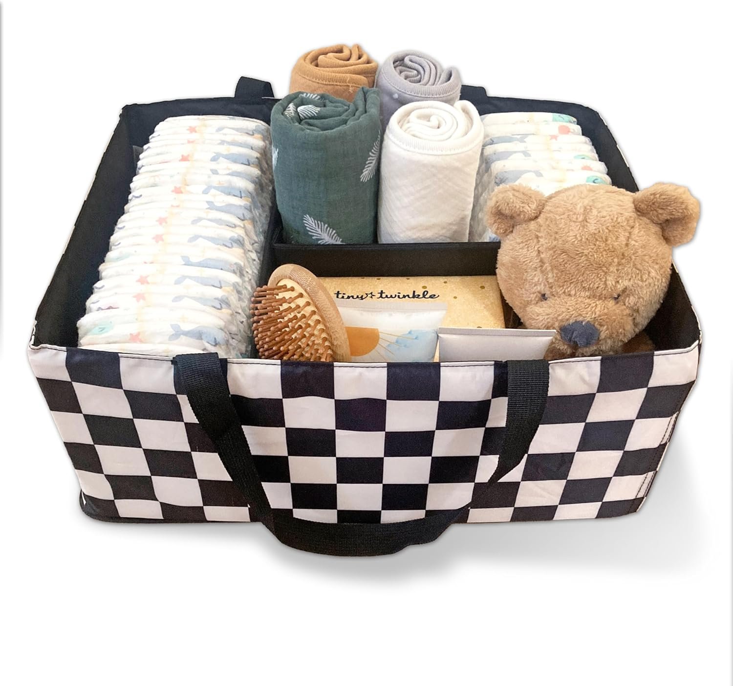 Tiny Twinkle Diaper Caddy Organizer | Foldable Baby Storage Basket with Removable Divider | Waterproof & Mess-Proof Fabric, Portable Nursery Organizer for Newborn Essentials (Black Checkers)